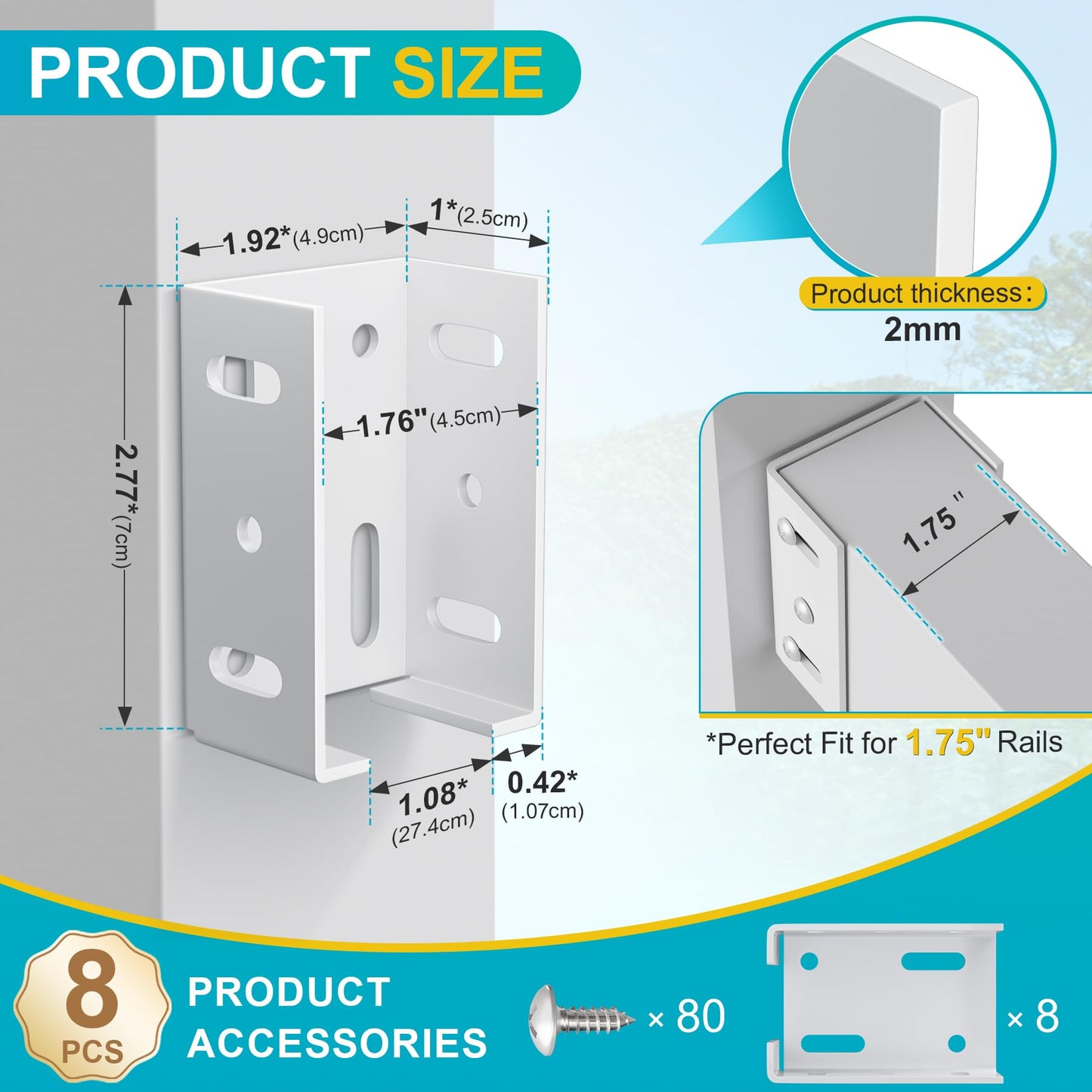8PCS White Aluminum Fence Bracket for Vinyl Fence, 2mm Thick Vinyl Fence Bracket Replacement Parts for Plastic, PVC Rails, Fits 2.75" Rails
