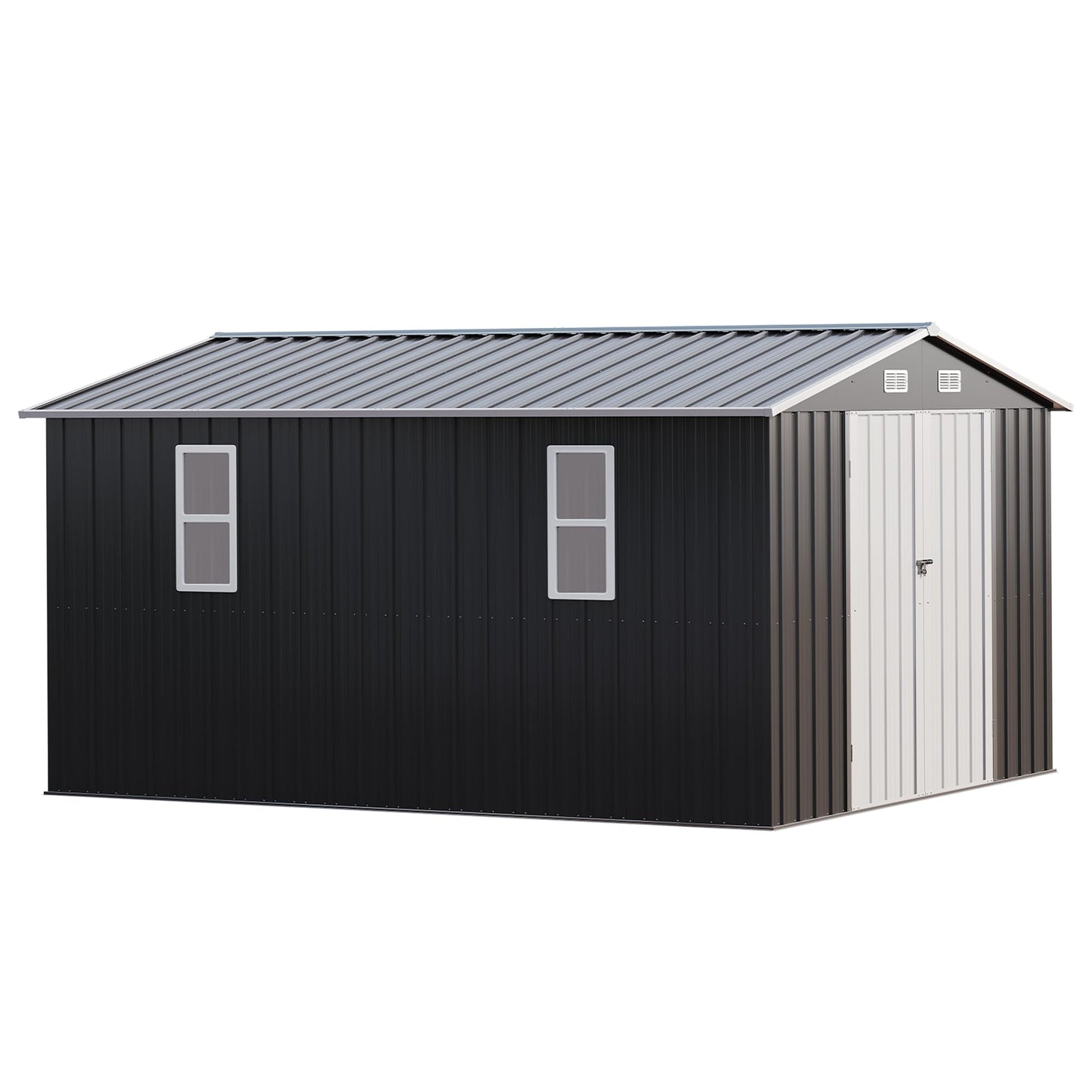 AMERLIFE 10x12x6.6 FT Metal Storage Shed, Outdoor Tool Shed with 2 DIY Windows, Hinged Double Doors and Vents, Reinforced Steel Frame for Backyard, Garden, DIY Workshop, Dark Grey