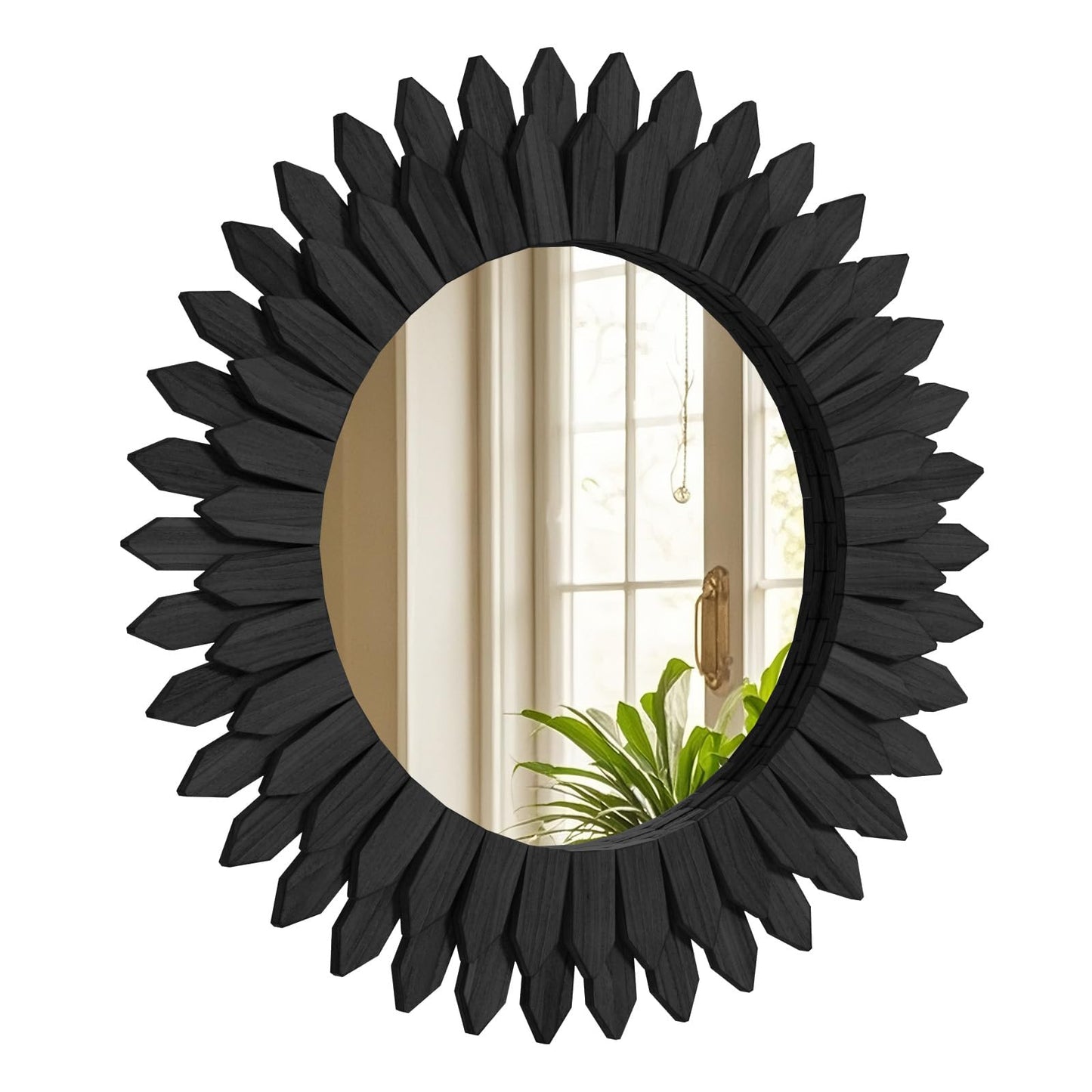 VETROVUE 24 Inch Black Boho Wall Decor Sunburst Mirror - Round Wooden Wall Decor, Handmade Rustic Circular Mirror for Living Room, Bedroom, Entryway, Office
