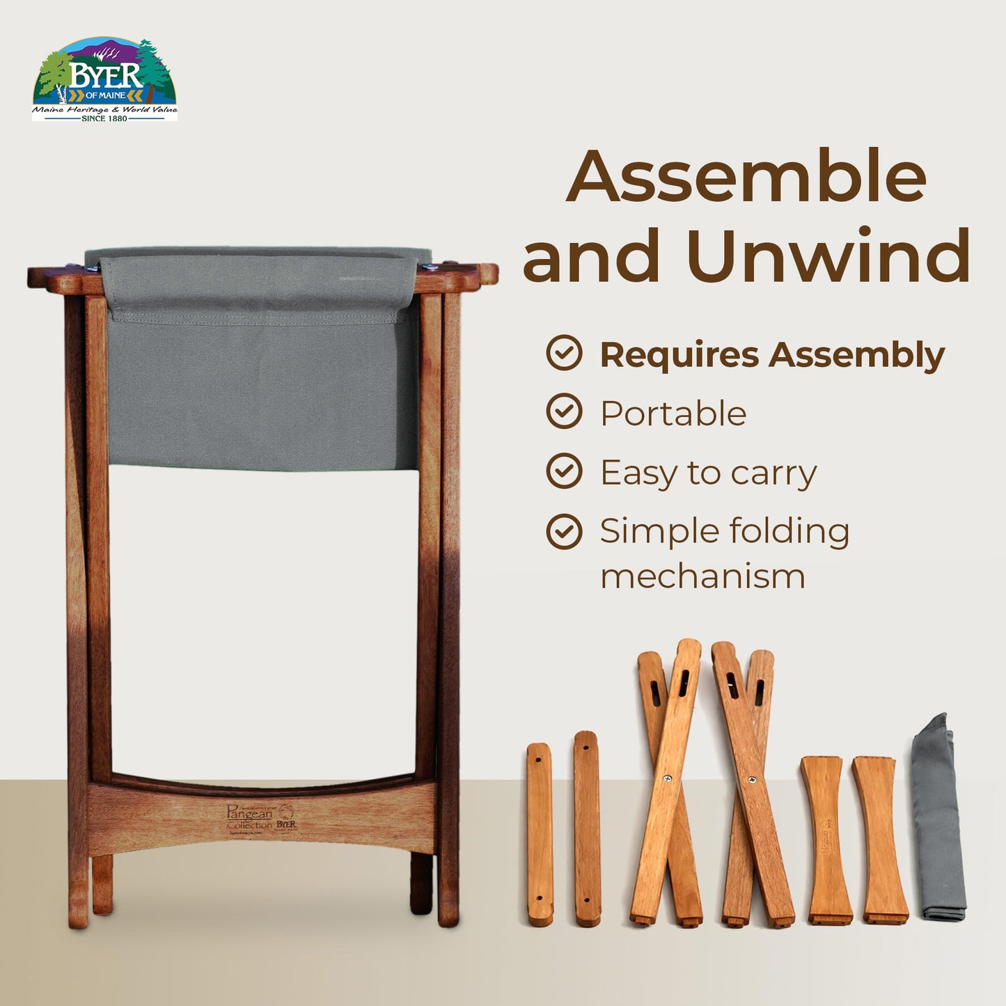 BYER OF MAINE Pangean Folding Stool – Canvas Camp & Wood Camp Stool for Portable & Outdoor Seating in Granite
