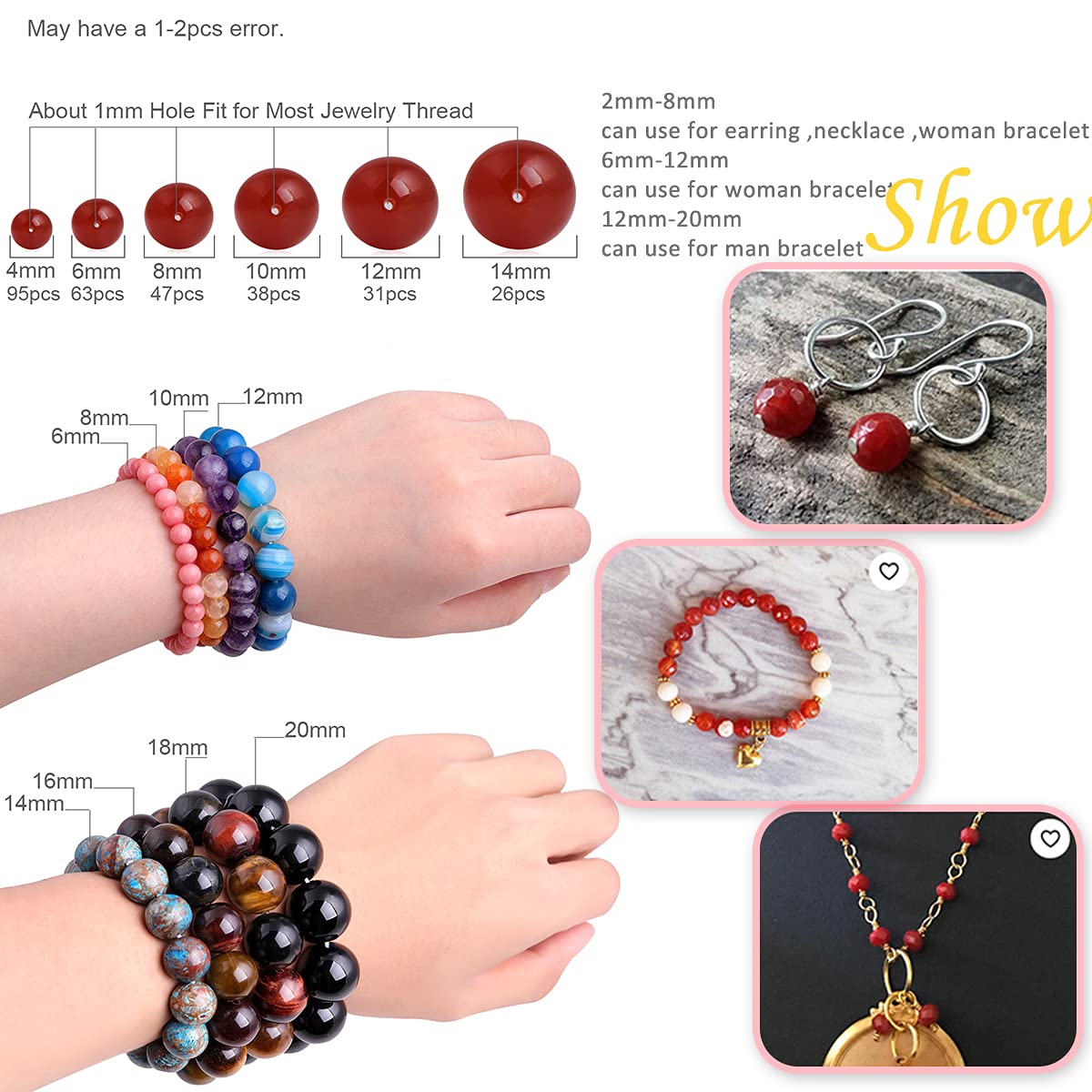 GEM-Inside Carnelian Red Agate 8mm Gemstone Loose Beads Natural Round Crystal Energy Stone Power for Jewelry Making 15"