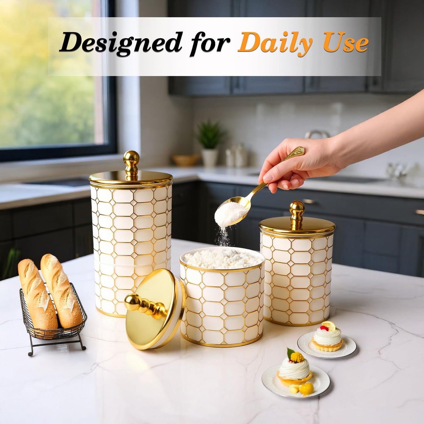 BigKing 3 Piece Plastic Canister Set for the Kitchen Counter - Sugar and Flour Containers with Airtight Lids for Countertops, Coffee and Tea Storage, Farmhouse Decor (Flat Lid)