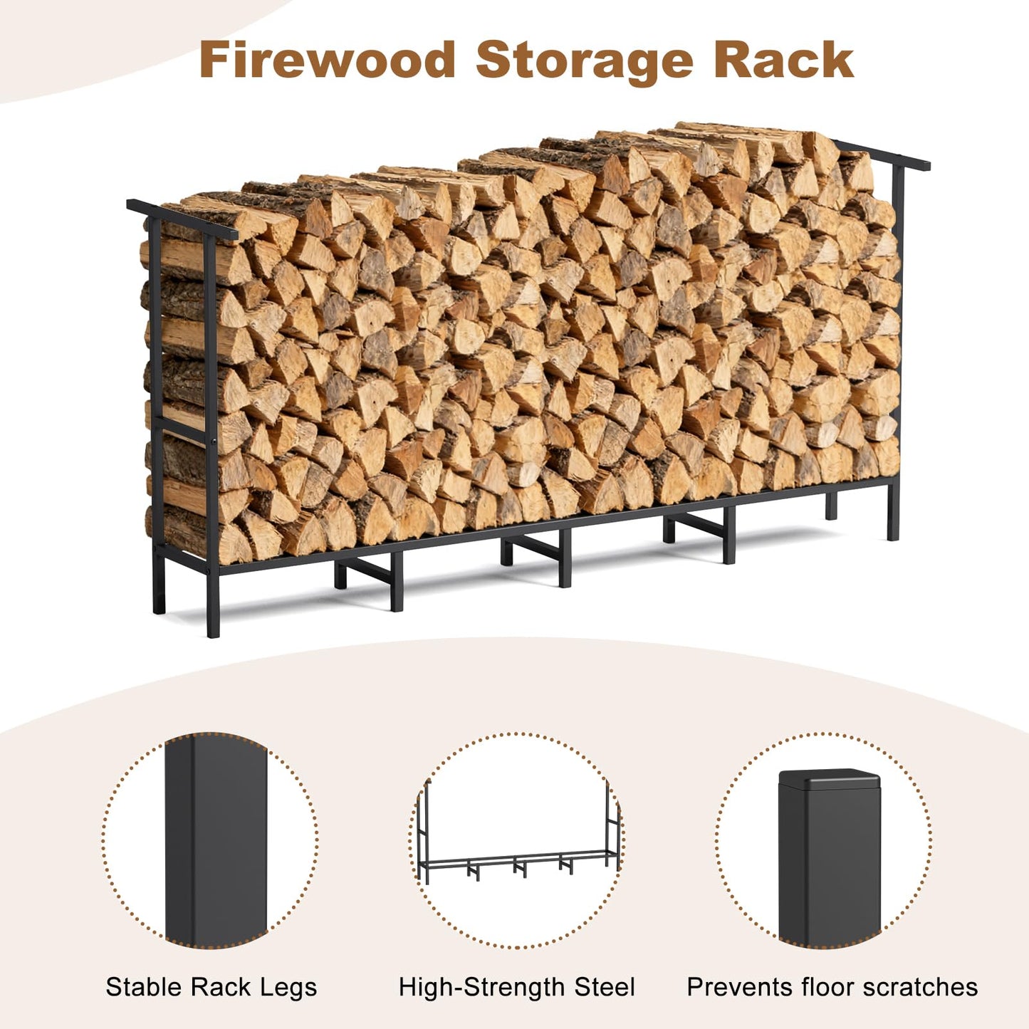 Kratonix 5.3Ft Firewood Rack Outdoor with Cover,Heavy-Duty Metal Indoor Wood Storage Rack,Firewood Holder for Fireplace,Fire Pit,Patio,Space Saving,Easy Assembly,Black