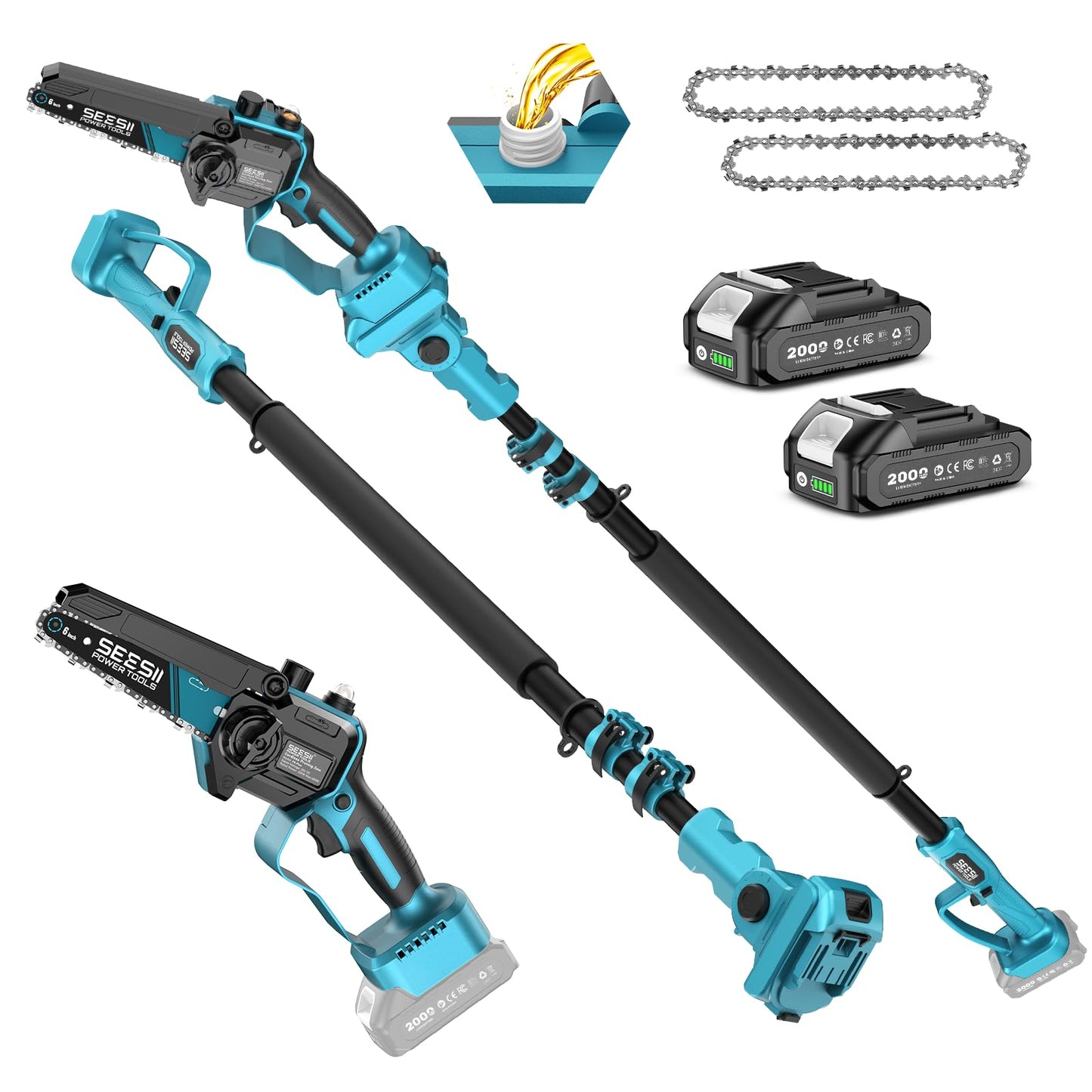 SEESII 2-in-1 Electric Pole Saws for Tree Trimming, 6 Inch Mini Chainsaw Cordless with Extension Pole, Battery Powered Pole Chain Saw, Tree Trimmer Limb Branch Cutter Pruner with 2 Battery P6 Plus