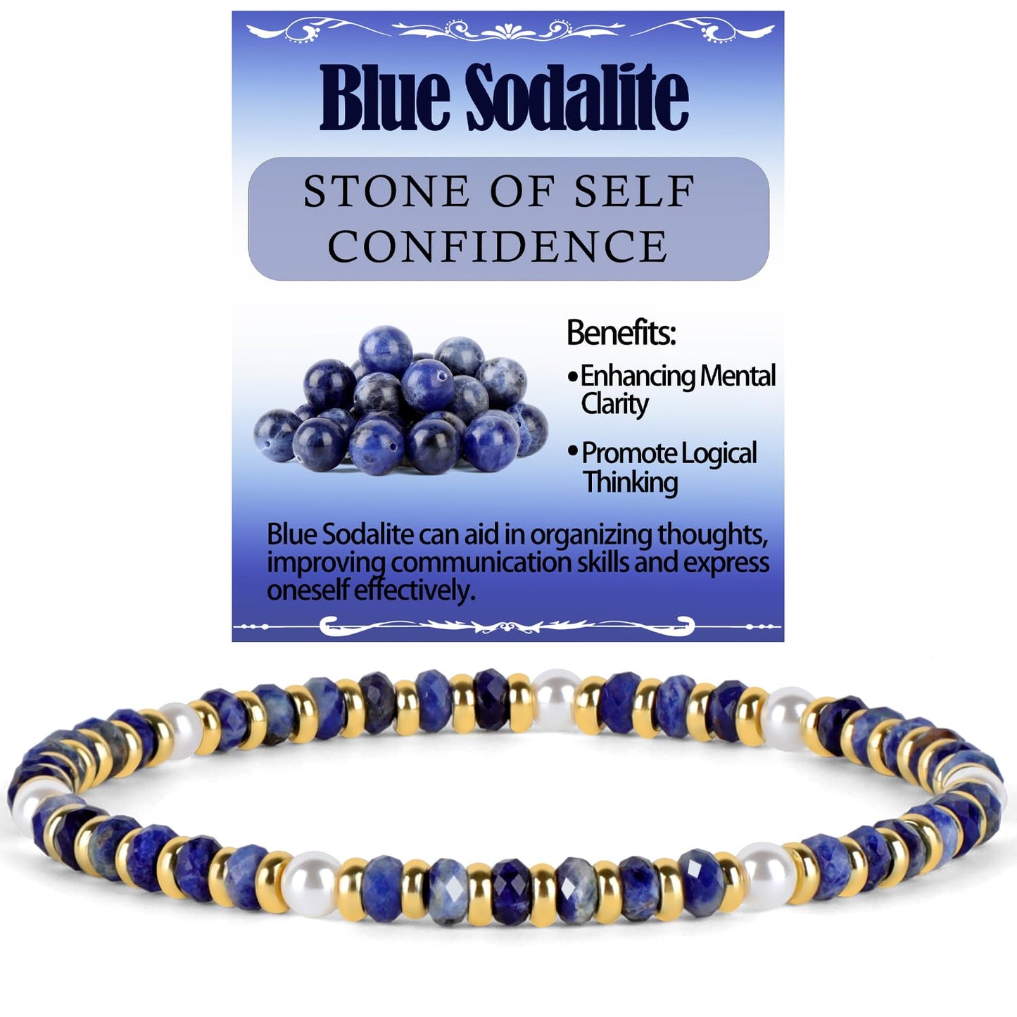 QOGIR Blue Sodalite - Self Confidence - 14K Gold Plated Beads Natural Gemstone Stretch Elastic Dainty Healing Beaded Bracelets Gifts 2x4mm