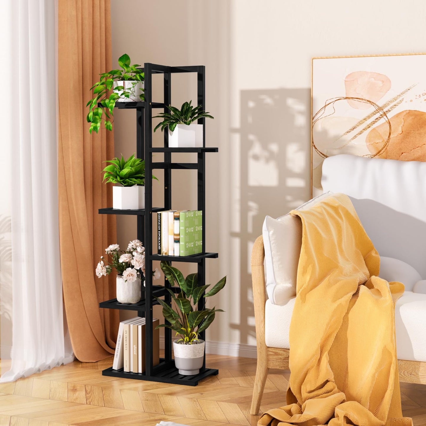 ROMGUAR CRAFT 6 Tier Bamboo Plant Stand Indoor, Wood Tall Flower Holder Corner Tiered Plant Shelf for Multiple Plants (Black)