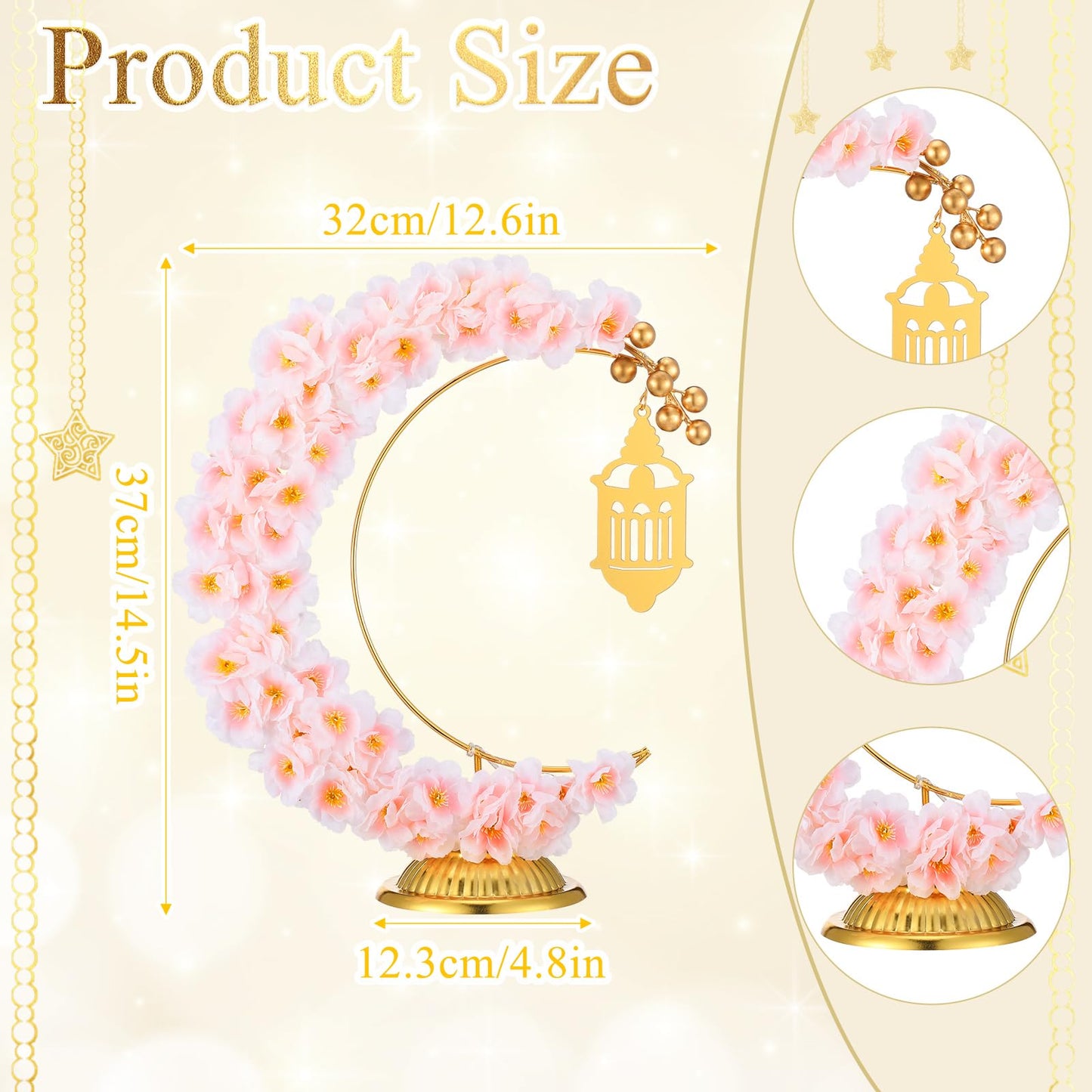 Yookeer Ramadan Decorations Eid Mubarak Table Decor Lighted Moon Shaped Wreaths with Castle for Fireplace Office Bedroom Party Supplies Muslim Party Tabletop Decor Home(Camellia)