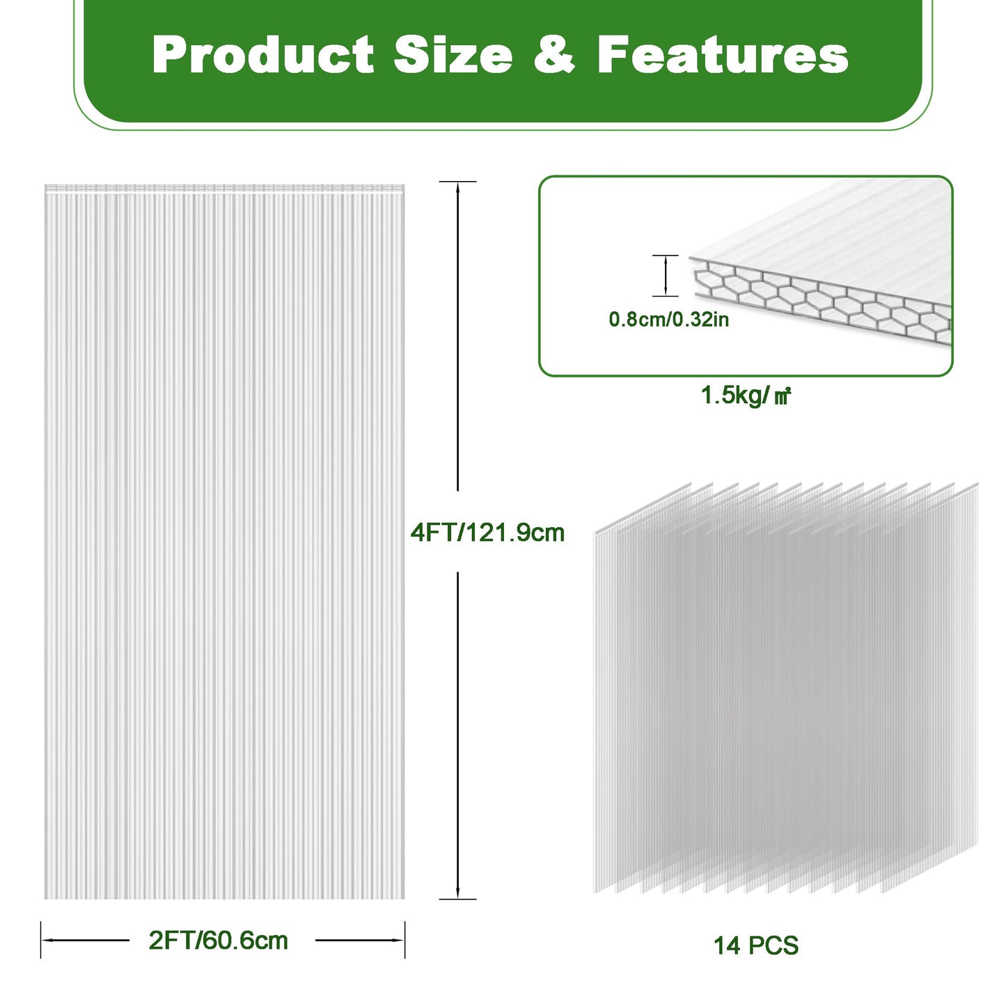 Quibbay 6PCS Polycarbonate Greenhouse Panels, 4' x 2' x 0.32'' Three-layer Honeycomb Panels Polycarbonate Sheet, Clear Waterproof UV Protected Corrugated Plastic Roof Panels for Greenhouse Replacement