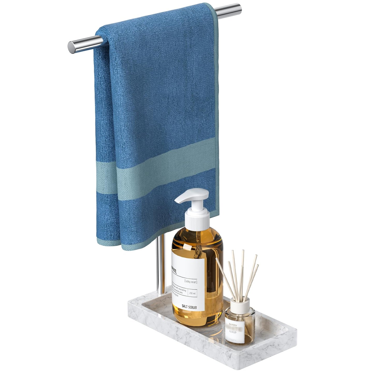 Volnamal Hand Towel Holder, 2 in 1 T-Shape Hand Towel Stand for Bathroom with Marble Base Tray, Hand Towel Rack Standing for Vanity Kitchen Countertop, Stainless Steel (Brushed)