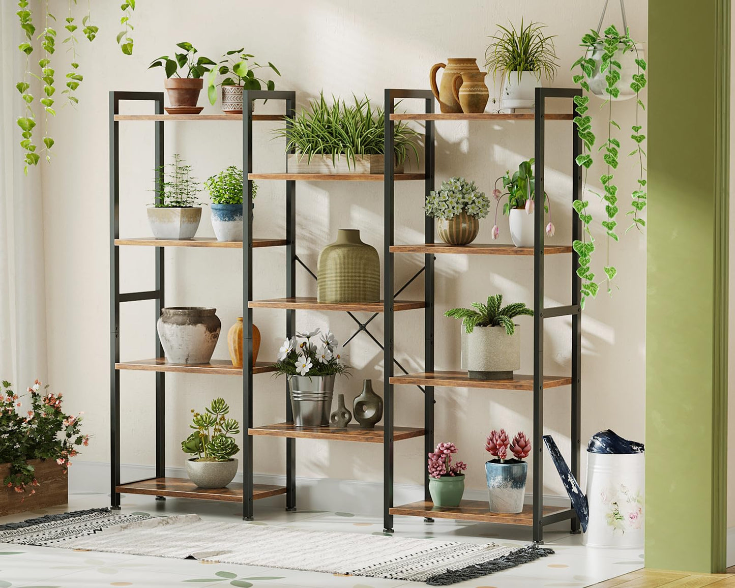 Casaottima Triple 4 Tier Bookshelf, Large Bookcase with 11 Open Display Shelves, Modern Industrial Book Shelves Book Case for Bedroom, Wide Standing Shelving Unit for Living Room Home Office, Vintage