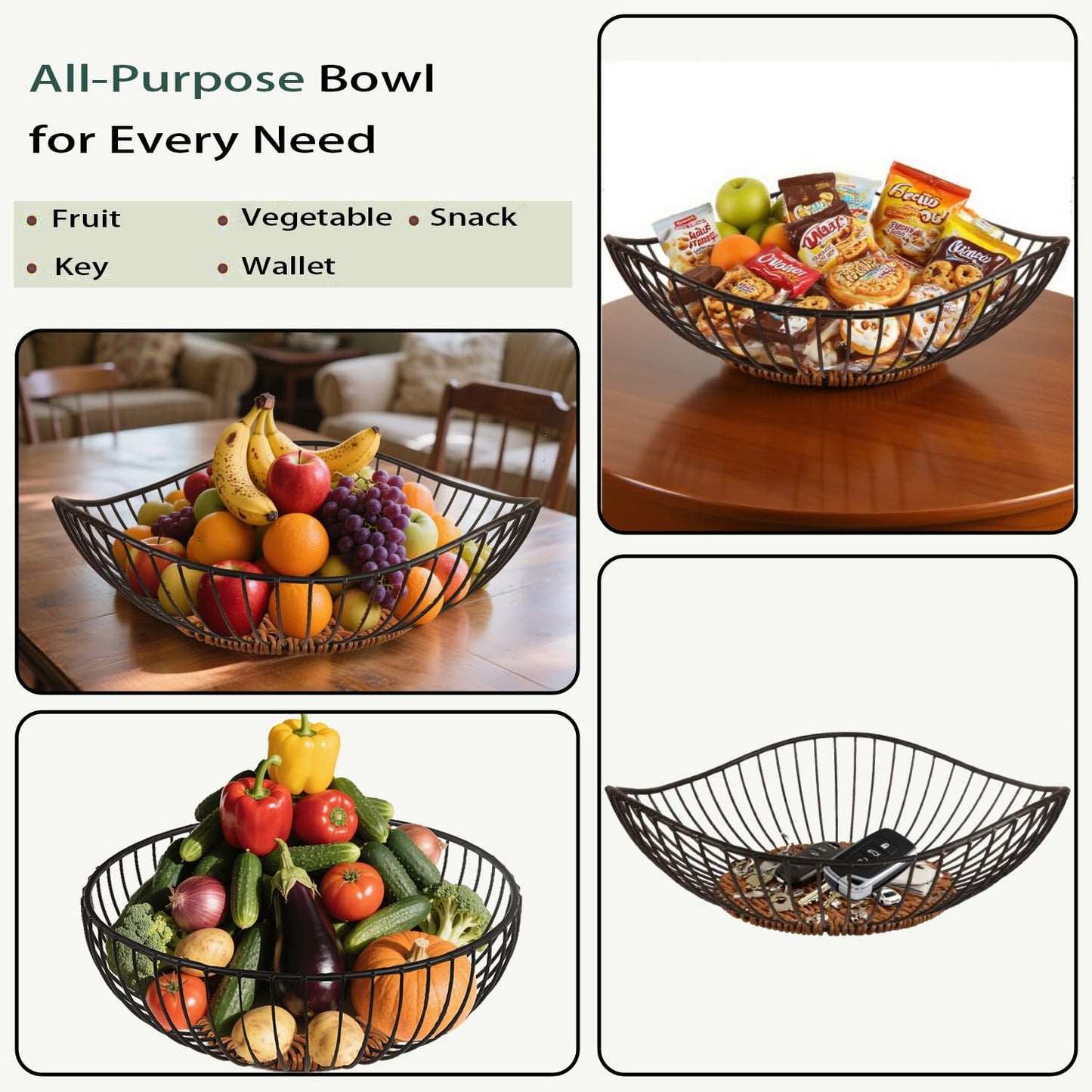 Wuqoioo Metal Wire Fruit Basket, Wire Fruit Dish Kitchen Fruit Basket Stand Fruit Bowls Rustic Wire Fruit Bowl For Fruits, Veggies (Round brown)