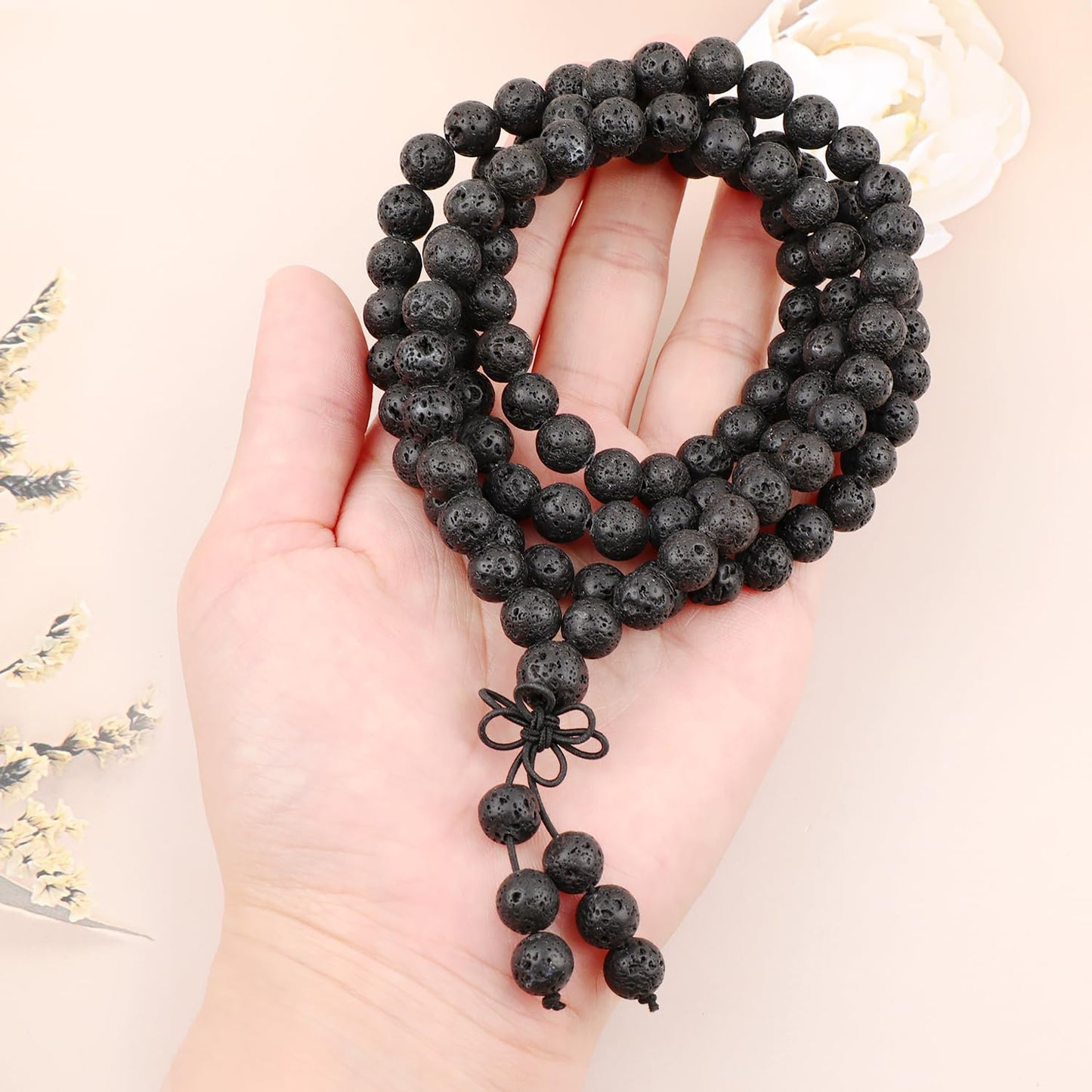AD Beads 8mm 108 Prayer Mala Black Lava Elastic Bracelet - Warmth Generator - Handmade Yoga Meditation Healing Power Energy Gifts for Unisex Adult.