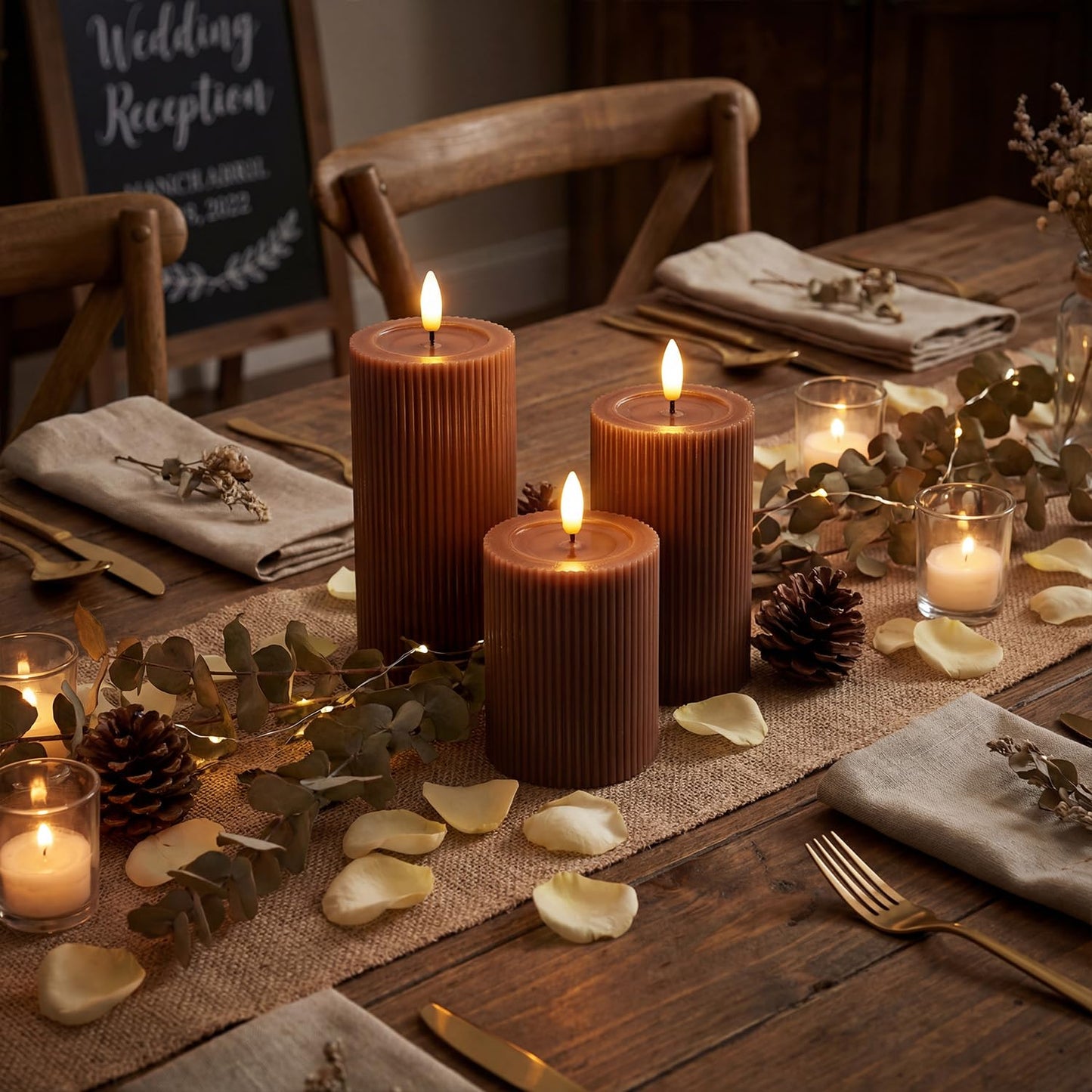 WYZworks Fluted Ribbed LED Pillar Candles, Brown, with Realistic Reflective Melted-Wax Effect – Flickering Flame, Remote, Dimmable, Flameless, Battery Operated, Home & Wedding Decor (Set of 3)