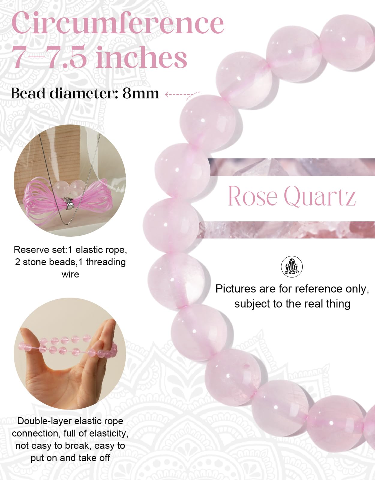 Landorilo Beaded Bracelet for Men Women, 8mm Natural Stone Rose Quartz Healing Crystal Stretch Bracelets, Ideal Christmas Birthday Jewelry Gifts with Energy Card，Replacement Beads Included