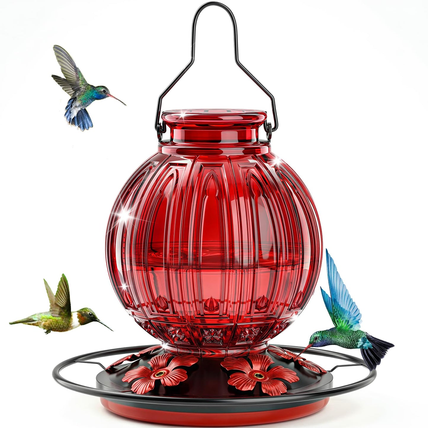 Glass Hummingbird Feeder for Outdoors Hanging, 24Oz Bird Nectar Feeder with Perch & 5 Flower Feeding Ports, Leak Proof for Outside Garden Decor Backyard, Gifts for Women Mom, Red