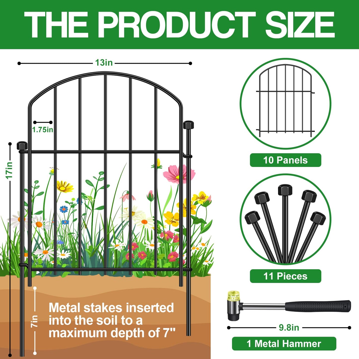 10 Pack Decorative Garden Fence Animal Barrier Fence, 17 in x 10 ft Rustproof Metal No Dig Fence Panels, Arched Small Garden Fence Barrier for Dog Rabbit Flower Bed Edging Yard Ground Patio Defense