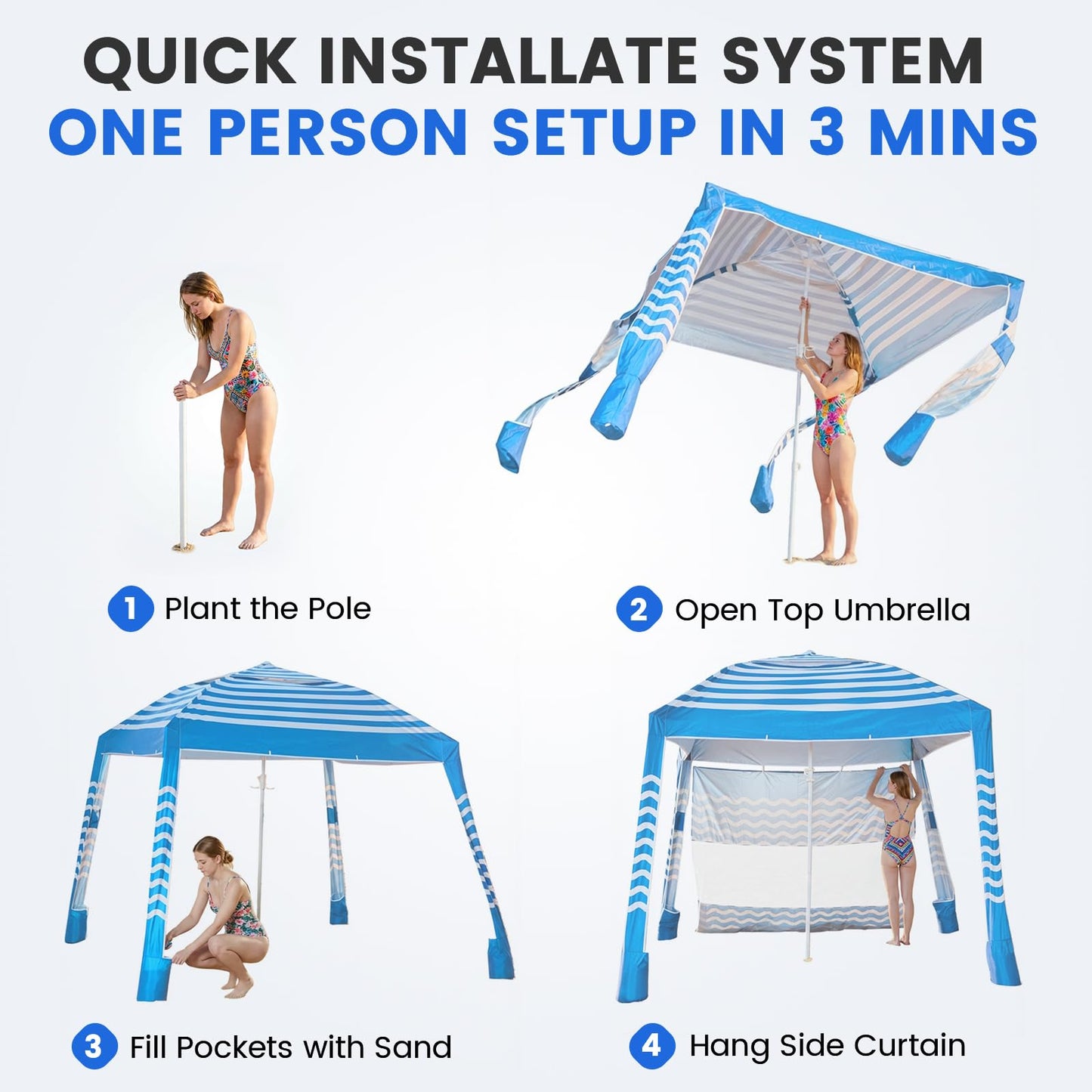 Zeraty Beach Cabana 8'×8', Portable Beach Canopy Easy Pop Up, Beach Tent Sun Shelter with Side Wall, Beach Umbrella Tent with Silver‑Coated Fabric for Family, Wind Resistant