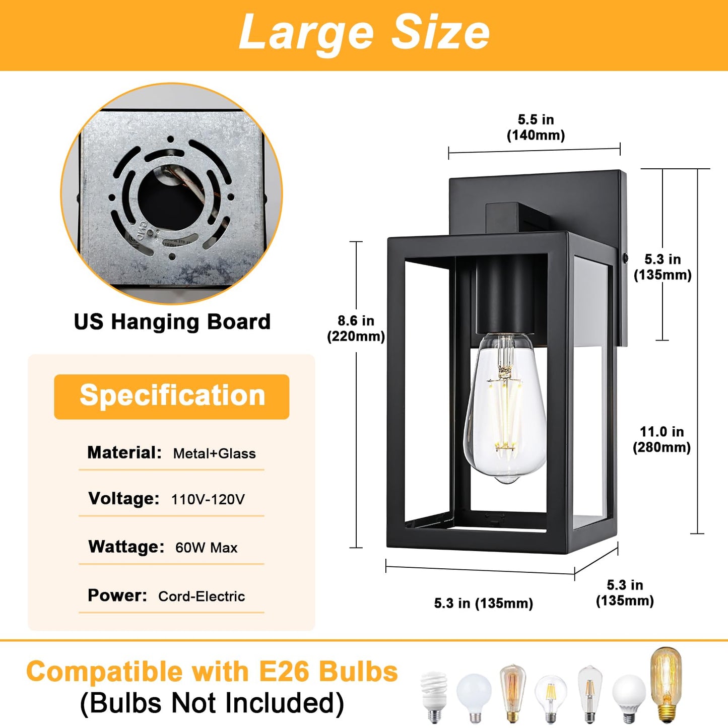 QueeuQ 2 Pack Modern Outdoor Wall Sconce Lights,Black Outdoor Wall Light Fixtures,Waterproof Outside Front Porch Lantern for House,Patio,Garage with E12 Base