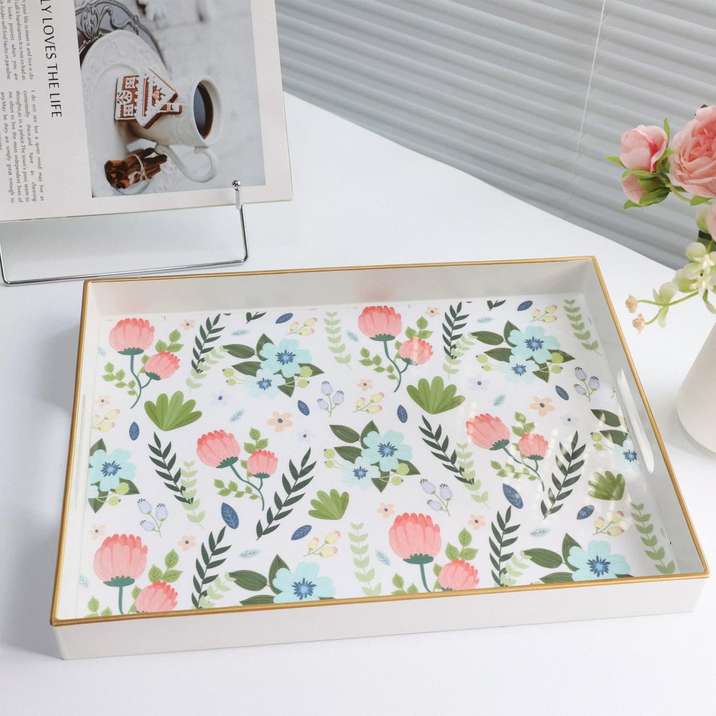 Leemxiiny Rectangle Serving Tray with Handles, Coffee Table Tray for Ottoman, Living Room, Outdoor Tray for Patio Entertaining, Serving Breakfast Kitchen Platter LEE3040WH