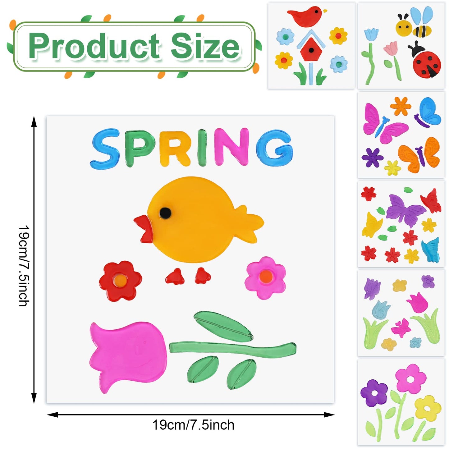 Whaline 7 Sheets Spring Window Gel Clings Flowers Butterflies Bee Beetle Bird Double Side Window Jelly Stickers Decals Decorations for Refrigerators Bedroom Home Office School Holiday Party Gift