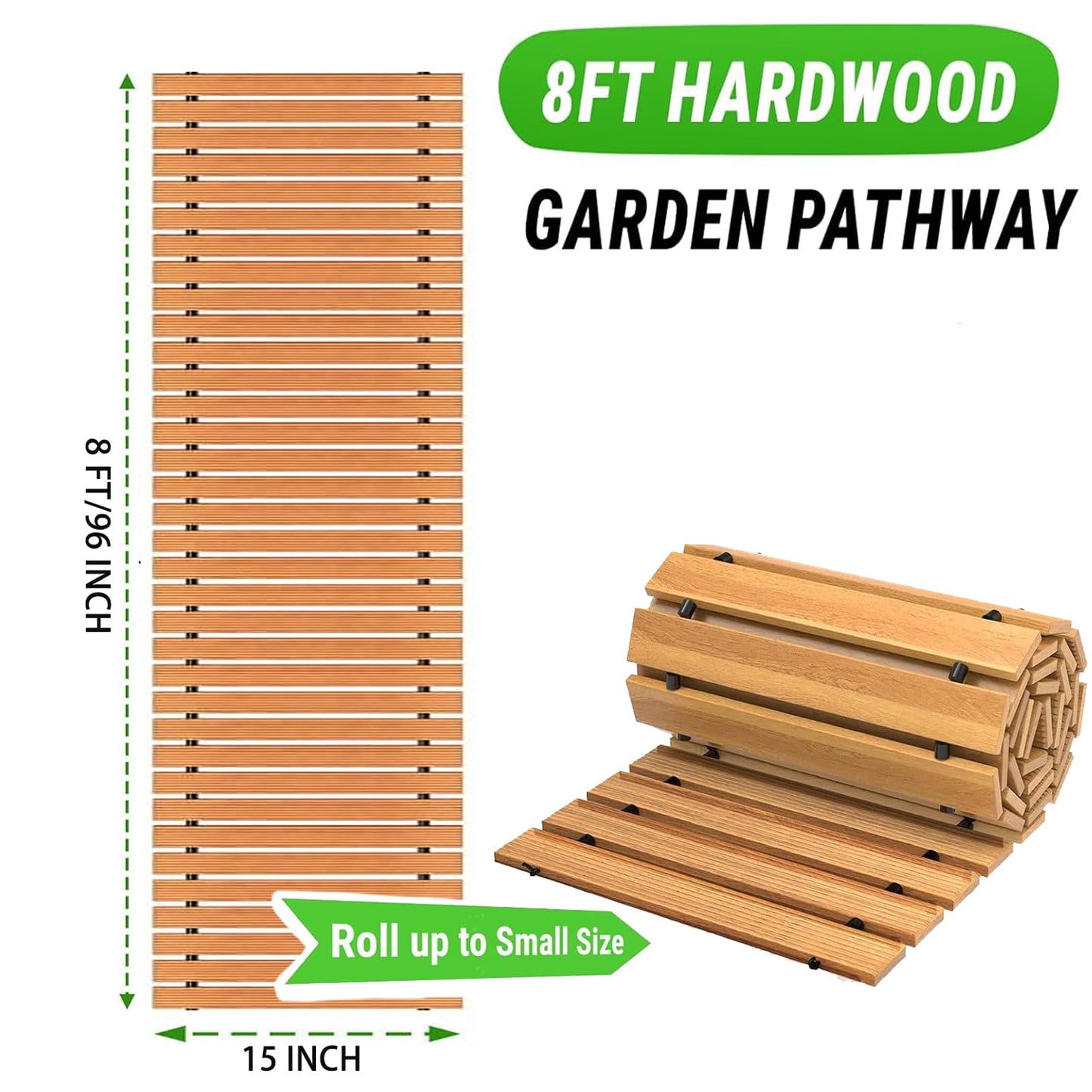 Wooden Garden Pathway Outdoor Walkway - 8 FT Roll Out Outdoor Pathway with Ground Stakes, Boardwalk Pavers for Outside Walkway, Non-Slip Garden Path for Backyard Decor, Lawn Landscaping, Natural