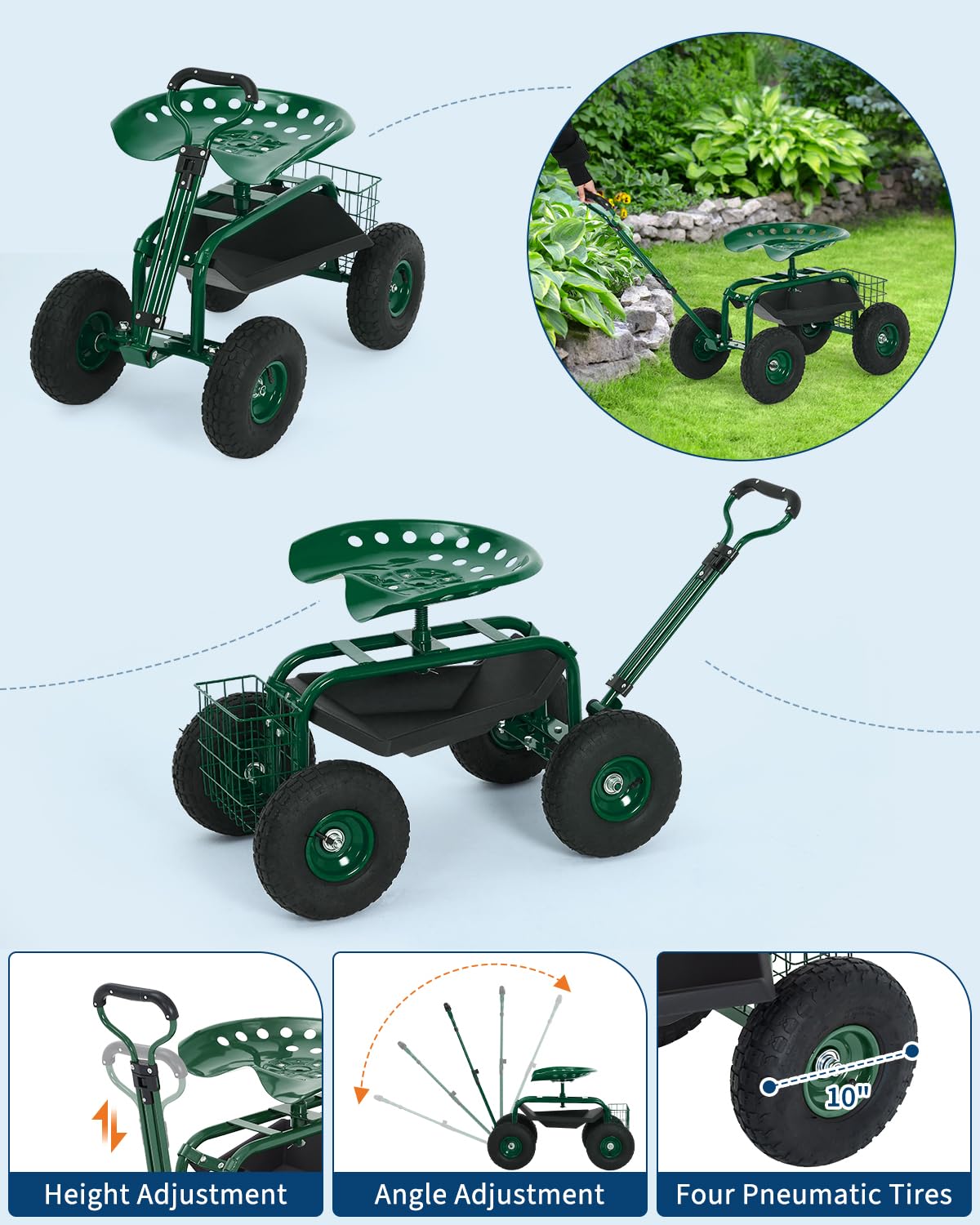 Heavy Duty Garden Cart, Garden Scooter Rolling Work Seat, 360° Swivel with 10-Inch All-Terrain Inflatable Tires, Extendable Steering Handle & Metal Tool Tray for Planting, Weeding, Yard Work