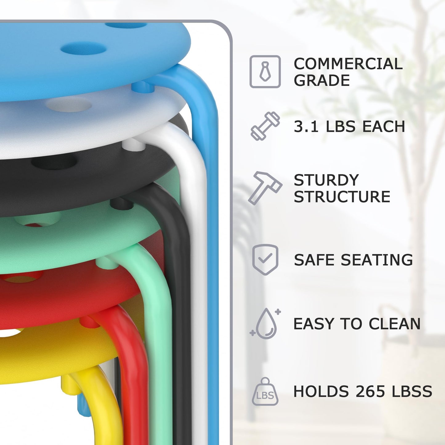 VECELO Stackable Stools Set of 6, 17.7 Inch Standard Height, Portable Plastic Colourful Decoration Stools for School Classroom and Office, No Assembly Required, White