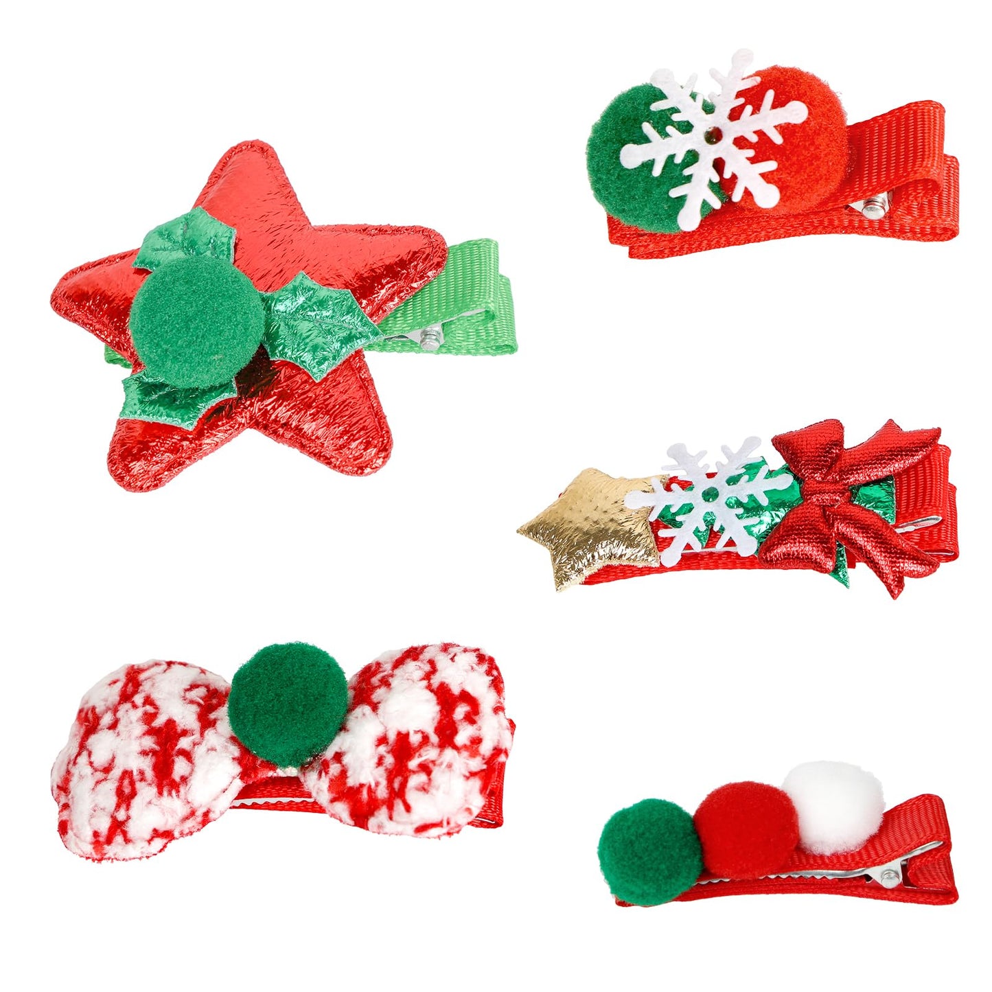 Christmas Hair Clips Set - Santa Hat, Snowflake, Bow & Star Barrettes for Women Girls Holiday Party (Red/Green) Hair Accessories for Women Girls (Pom Pom)