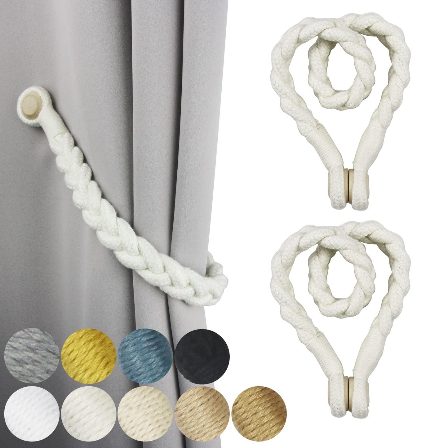 Porlau 2 Pack Magnetic Soft Curtain Tiebacks Cotton Hand-Woven Tieback Holdback Home Decorative Tie Backs with Wooden Buckle for Home Office Decor (Cream, 2)