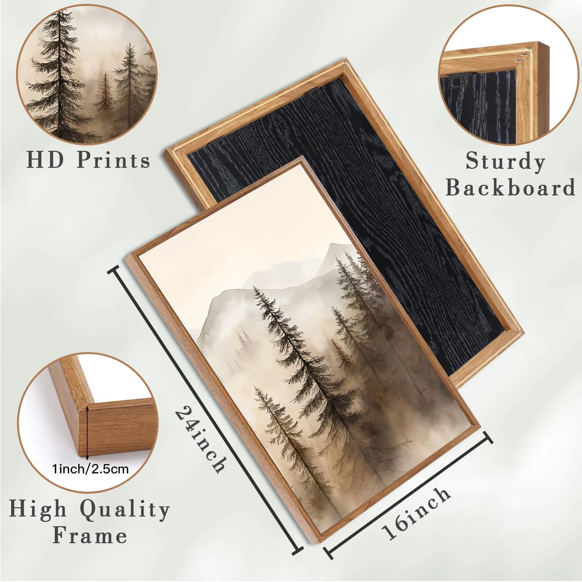 IARTTOP Large Mountain Forest Framed Canvas Wall Art 16x24 Inch Set of 3 Abstract Misty Woodland Painting Modern Farmhouse Art Prints for Living room Dining room