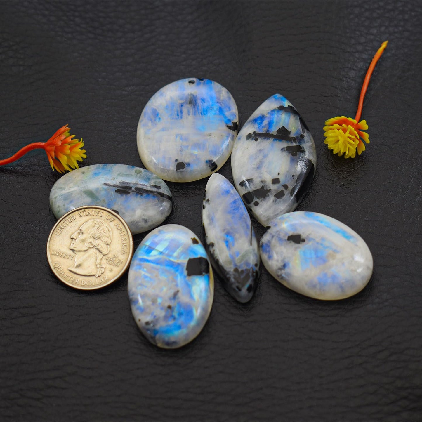 Natural 5, 4 & 3 Pcs Gemstones Cabochons Lot (15–30 MM), Multi Shape Stones for Jewelry Making Supplies Healing Crystals Gems Loose Gemstones (Tourmilated moonstone, 4pcs)