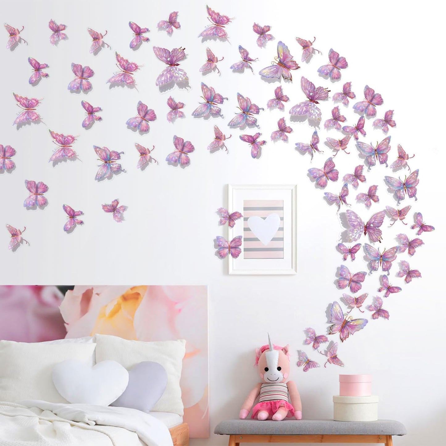 3D Butterfly Wall Decor - 50PCS Removable PVC Butterflies Wall Stickers- Multi-Size (2.8"-3.9")- DIY Removable Wall Art Decal for Kids Room, Nursery, Bedroom, Classroom, Party Decoration (Pink)