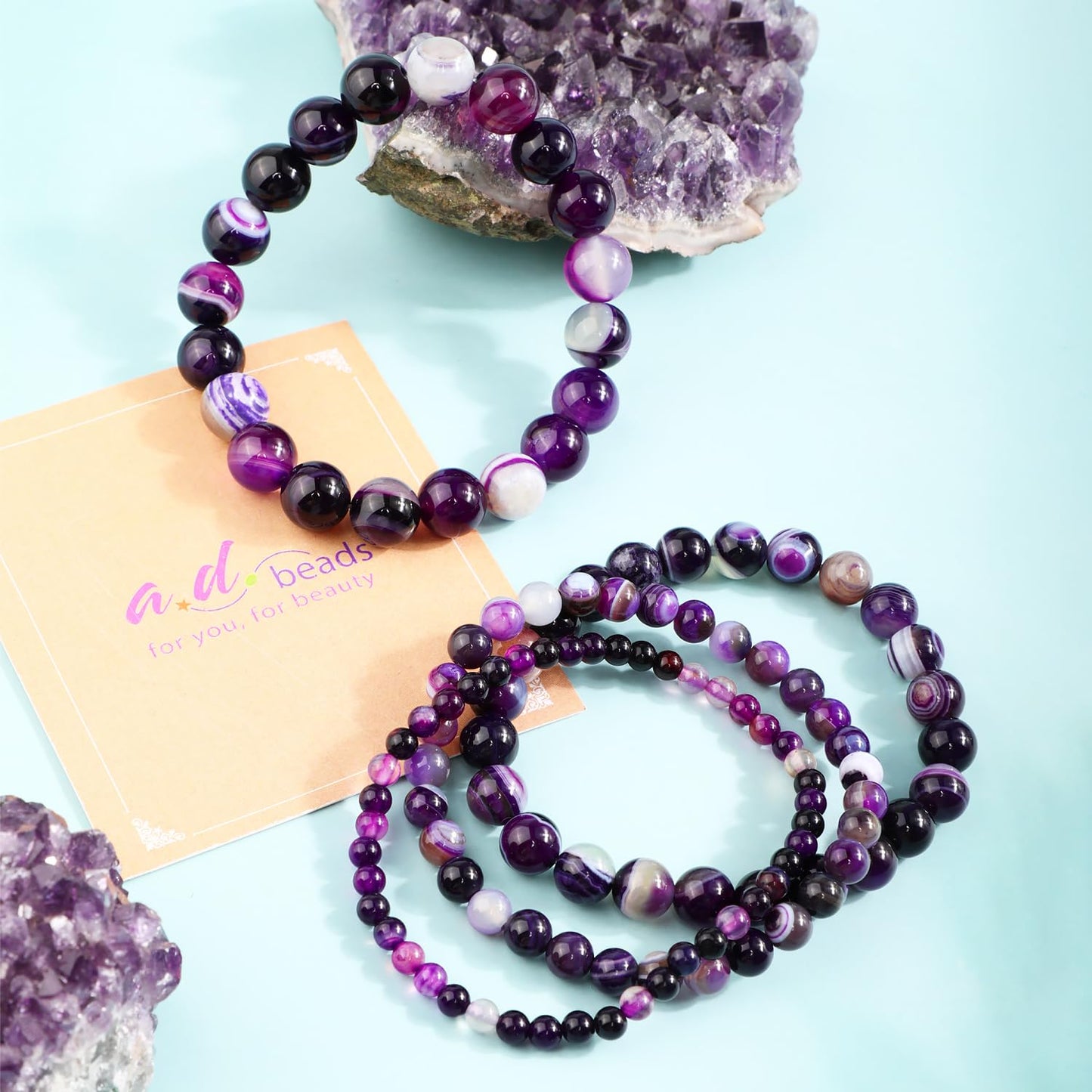 AD Beads 8mm Handmade Purple Stripe Agate Elastic Bracelet – Natural Gemstone for Peace and Tranquility – Meditation, Yoga, Healing and Energy Gift for Men Women