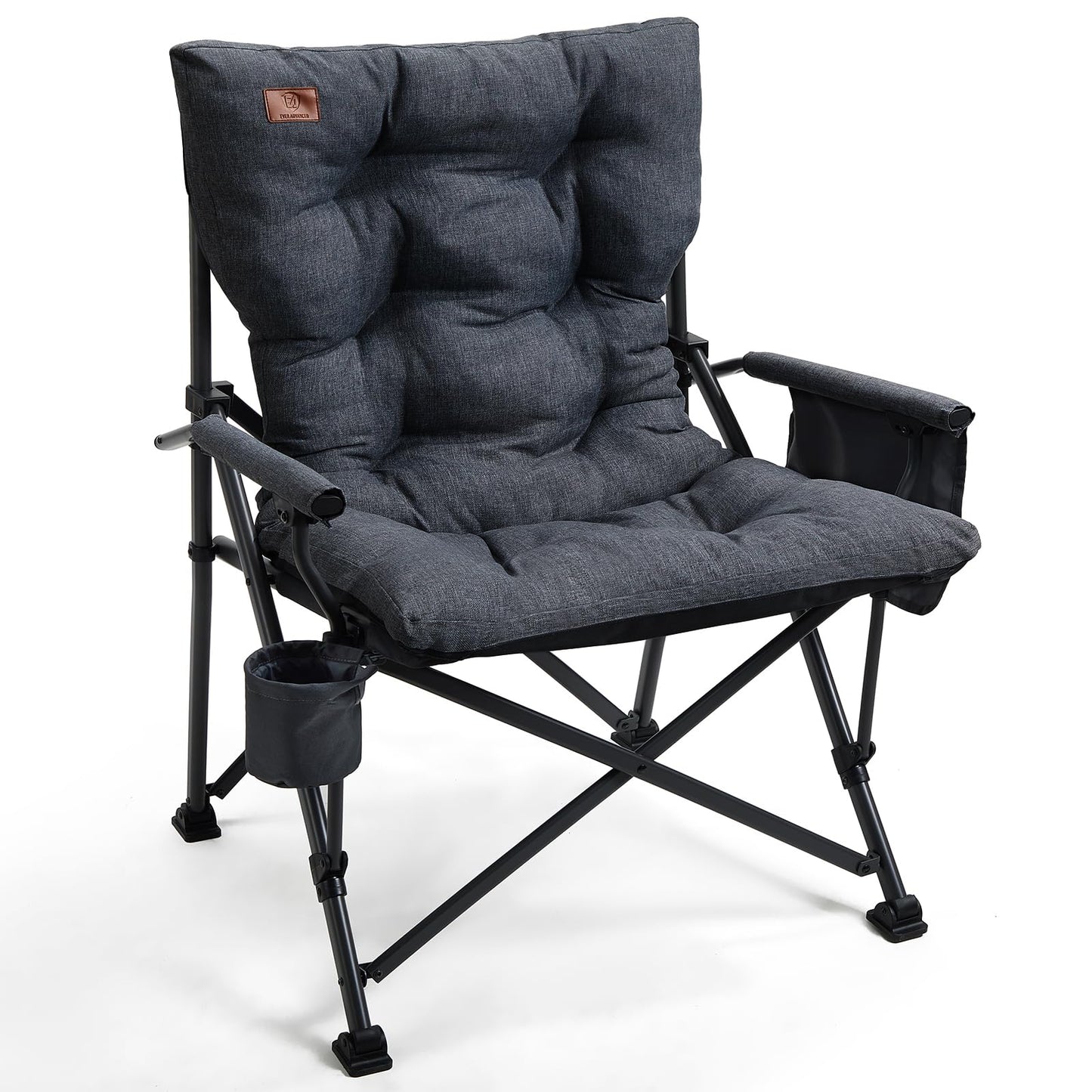 EVER ADVANCED Padded Oversized Folding Camping Chair for Adults, Heavy Duty Lawn Chair with Side Pockets, Portable Collapsible Quad Chair for Outside, Support Up to 500lbs, Black