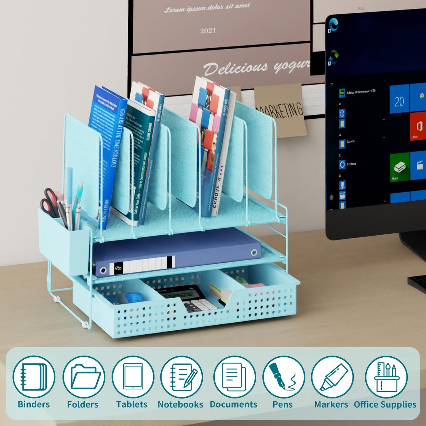 LEKETREE Teal Desk Organizer, Office Organization with Vertical File Holder, File Organizer with Drawer and Pen Holder, Desk Accessories and Workspace Organizers for Home Office (Sky Blue)