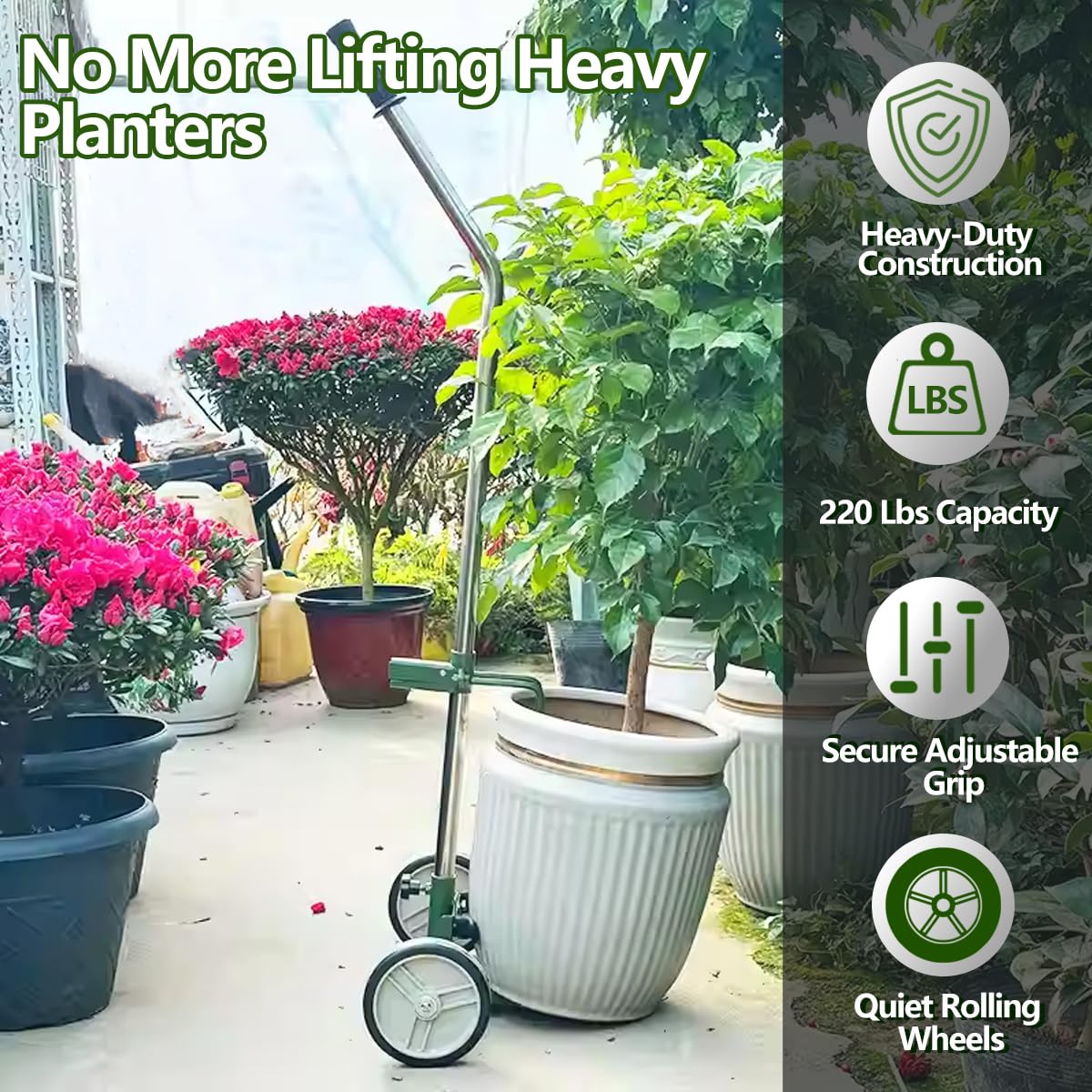 Hxgexin Heavy Duty Plant Mover with Wheels, Adjustable Pot Lifter Dolly for Large Potted Plants, Flat-Free Rubber Wheels, Ergonomic No-Lift Design, Steel Base, 220 LBS Capacity