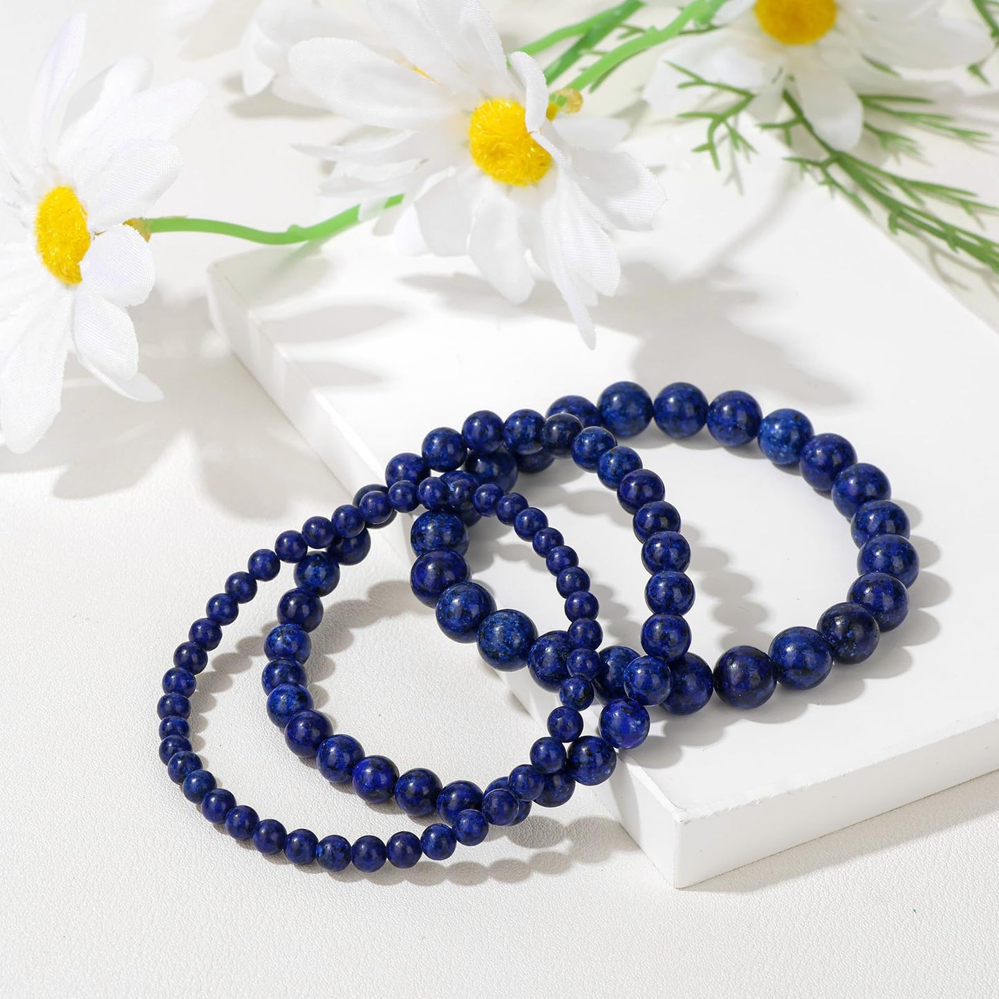 Bolinailo 3Pcs Natural Healing Crystal Bracelets for Women Men, 4mm 6mm 8mm Beaded Stretch Bracelet Set, Lapis Lazuli Natural Stone Gemstone Jewelry Gifts for Meditation, Reiki & Yoga