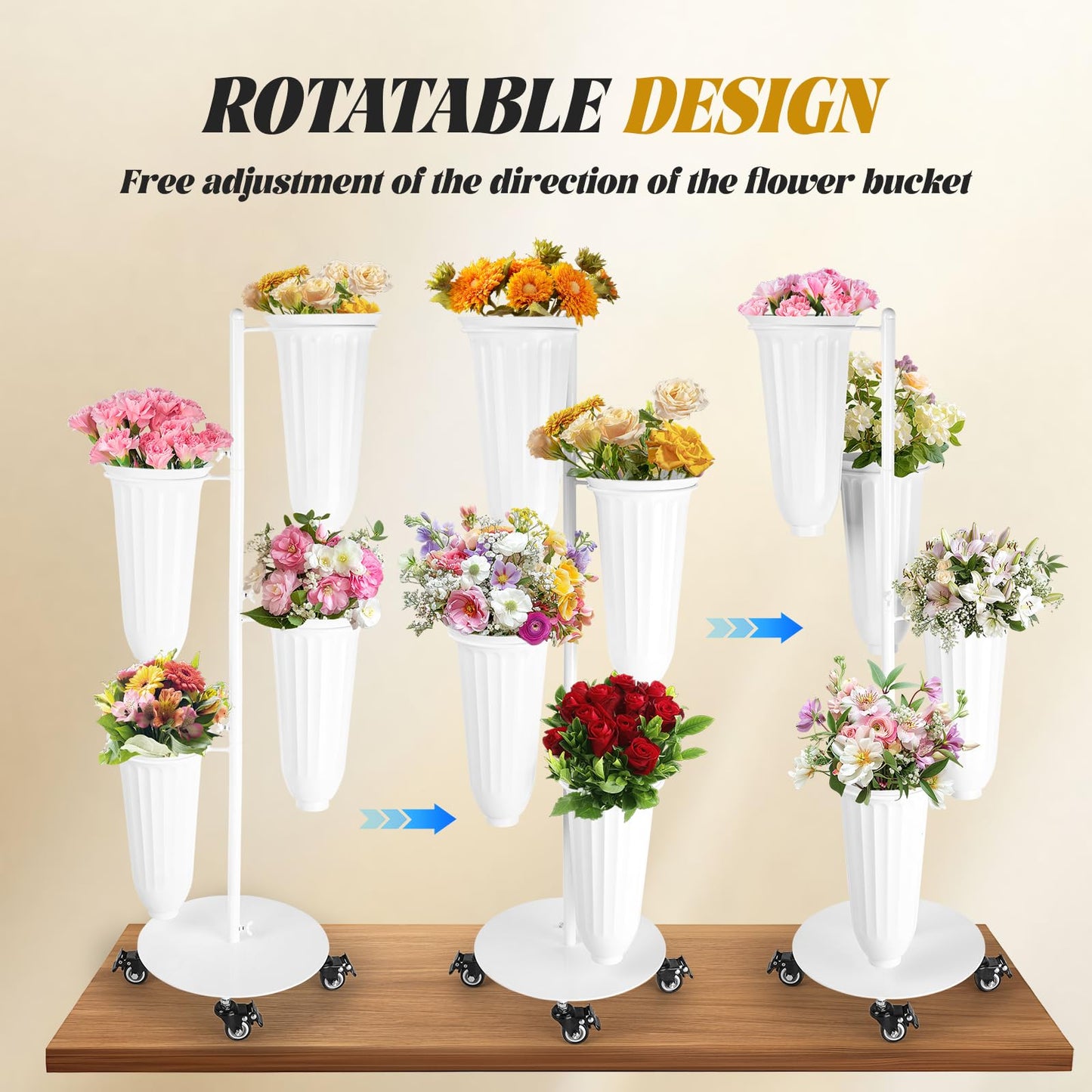 LEALIBAUSS Metal Flower Bar Stand With 4 Buckets Flower Cart Display Stand with Wheels Floral Bar for Wedding,Garden Events Party Decor (WHITE)
