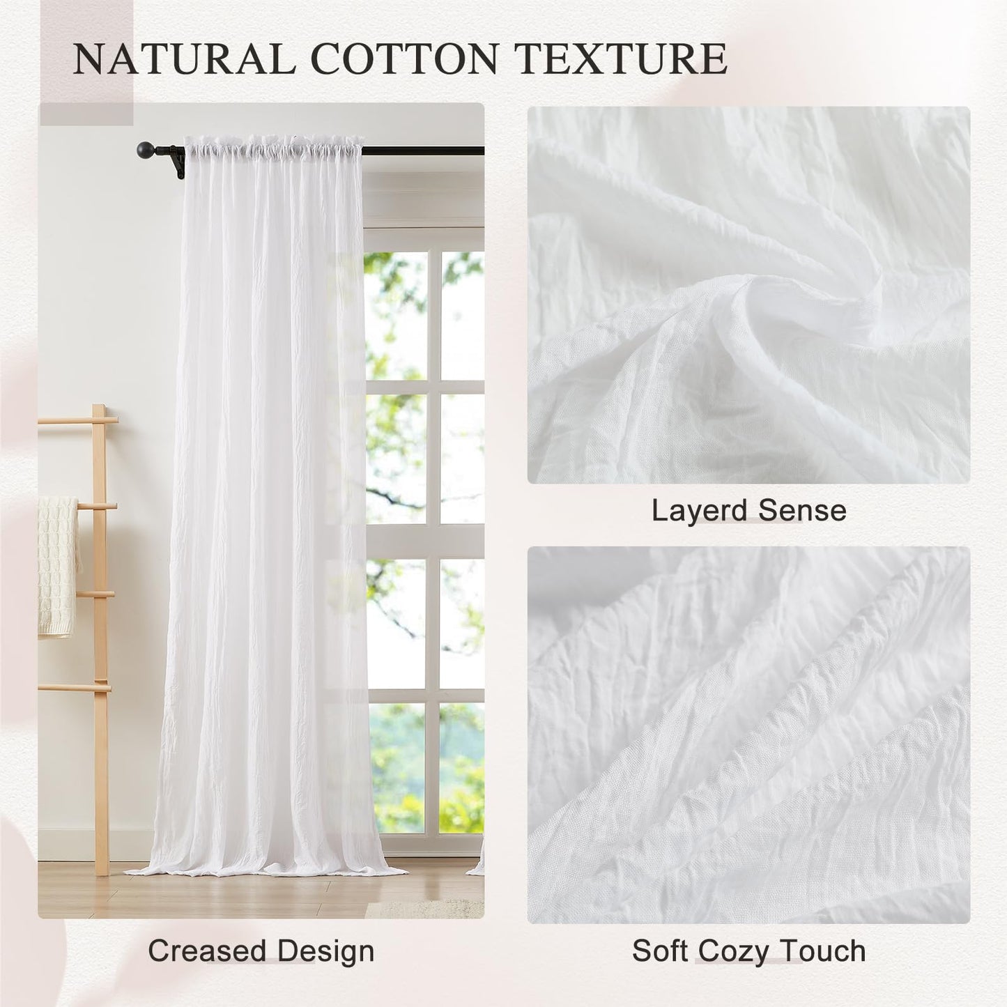 Anpark Elegant White Sheer Curtains 84 Inches Long for Living Room Bedroom, Cotton Linen Textured Light Filtering Crinkle Sheer Drapes Natural Rod Pocket Voile Curtains, W52 x L84 in, 2 Panels