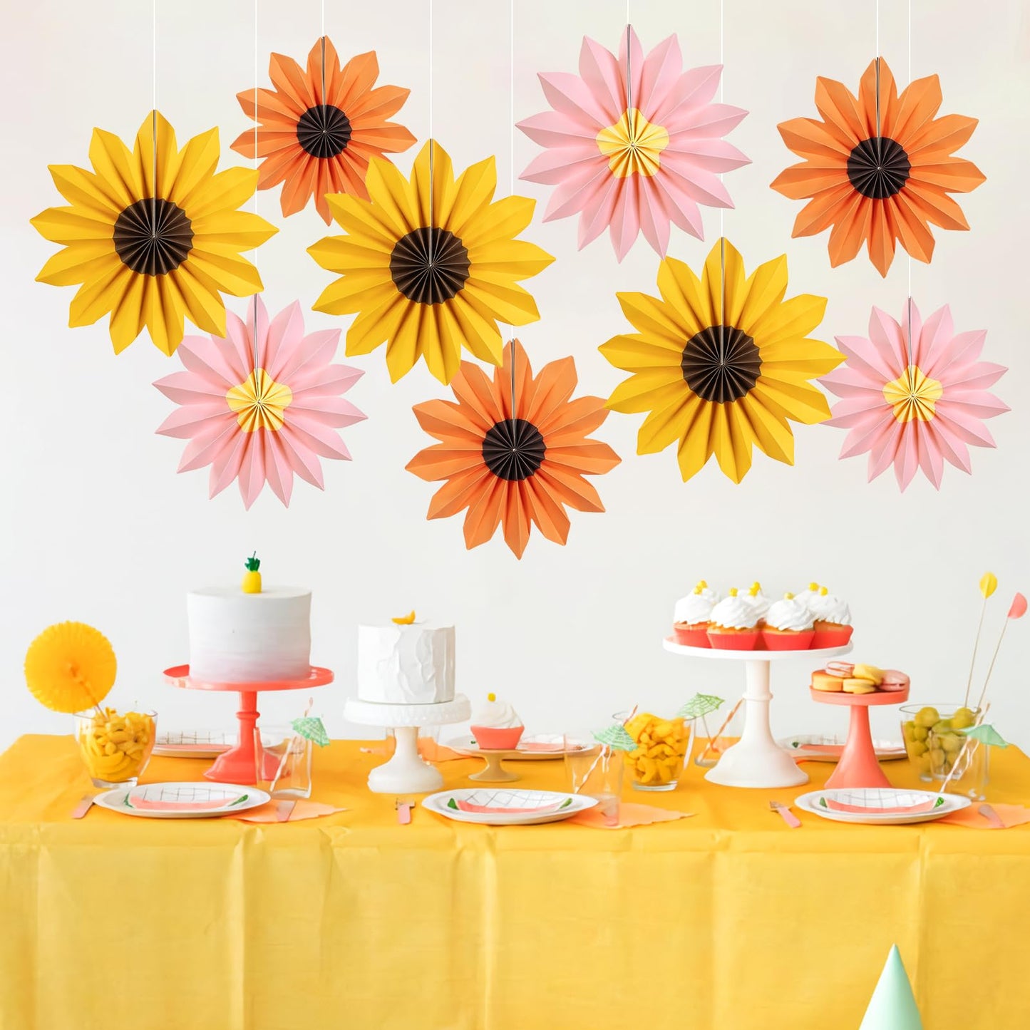 PAPER JAZZ Sunflower Party Decorations: 9 Sunflower Paper Fans & Flower Garlands, Summer Orange Pink Sunflowers, Wedding & Baby Shower Decor