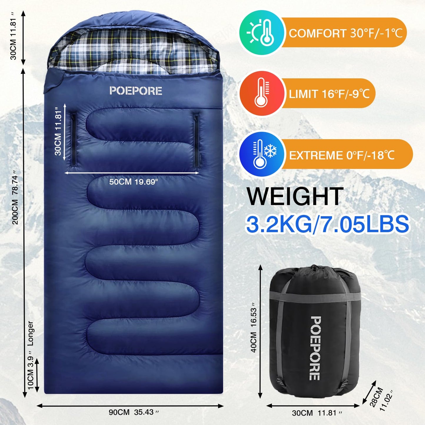 POEPORE Flannel Sleeping Bag Cotton 0 Degree Cold Weather for Adults XXL Wearable Sleeping Bag 4 Seasons Waterproof with Compression Sack Blue_R