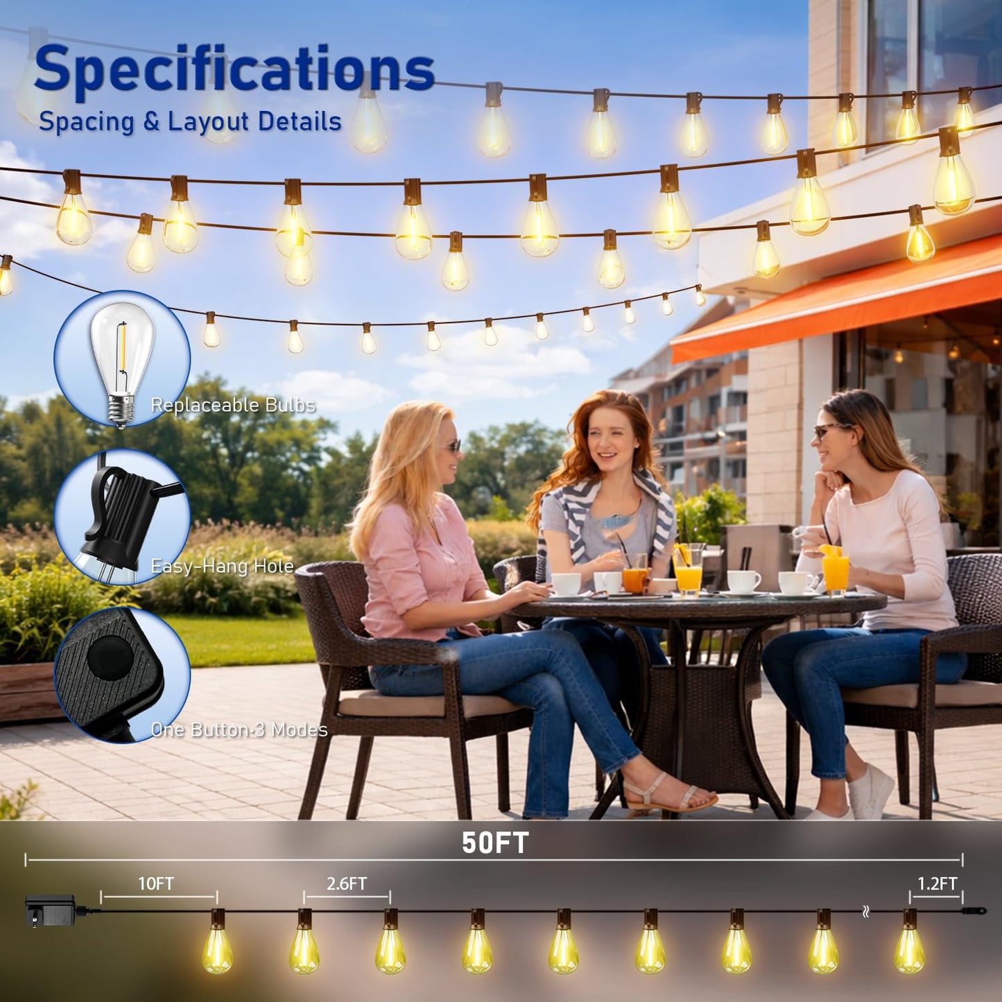 Sikitul Outdoor String Lights 50FT with 18+1 Shatterproof LED Bulbs, Remote Control Dimmable Patio Lights, Waterproof Hanging Edison Light for Backyard Garden Pergola, Timer & 3 Modes