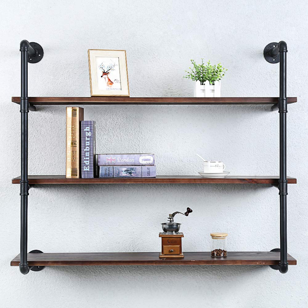 Industrial Pipe Shelving Wall Mounted,42in Rustic Metal Floating Shelves,Steampunk Real Wood Book Shelves,Wall Shelf Unit Bookshelf Hanging Wall Shelves,Farmhouse Kitchen Bar Shelving(3 Tier)