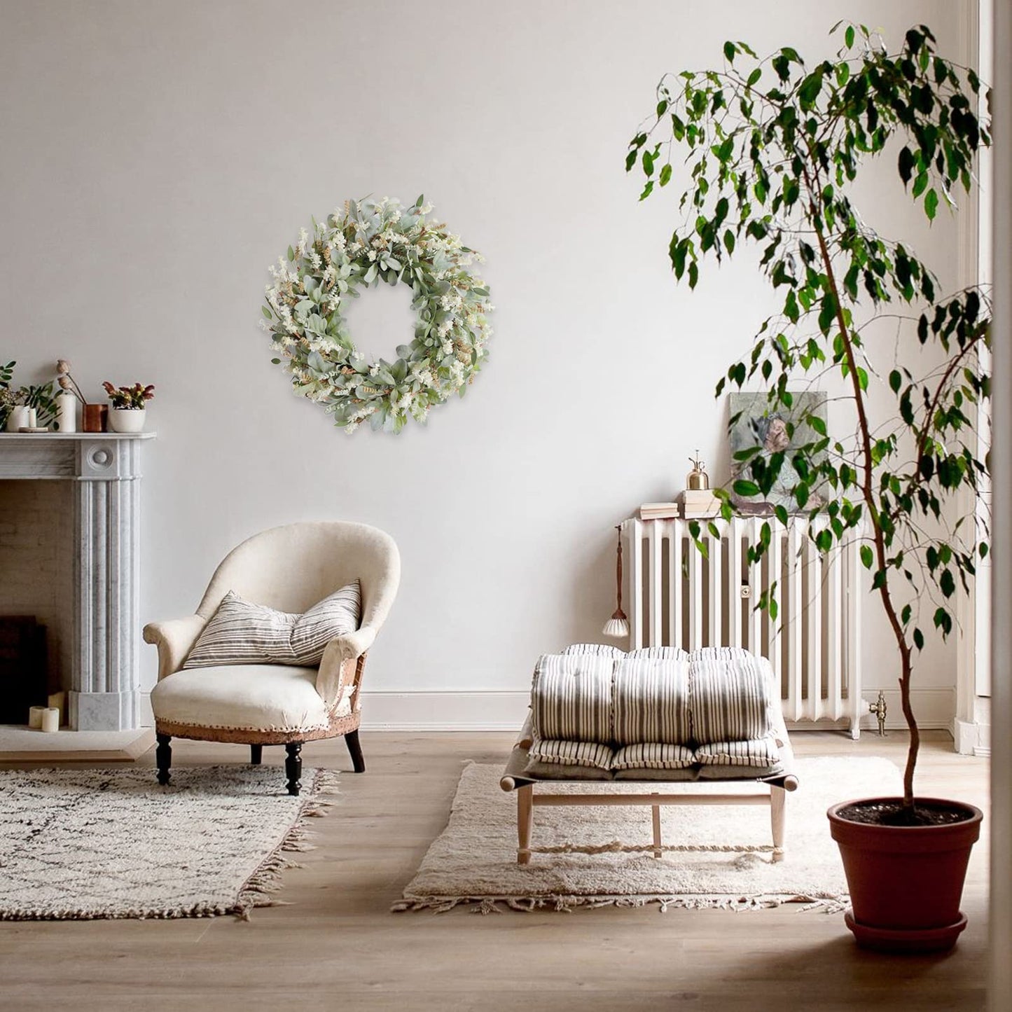 24 Inch Summer Spring Ivory Flowers Wreath for Front Door, Everyday Lamb Ears Leaves Wreath with White Artificial Flower for Indoor and Outdoor, Rustic and Farmhouse Greenery Flower
