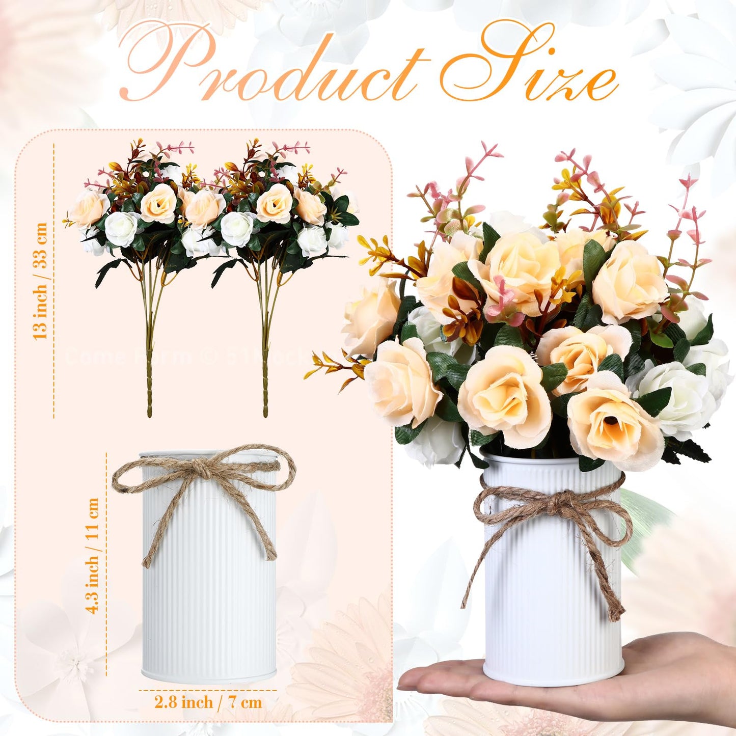 Domensi 24 Sets Wedding Table Centerpiece Artificial Flowers with Vase 48 Pcs Fake Bouquets 24 Pcs Metal Vases Floral Arrangements for Holiday Party Event Table Decor(Champagne)