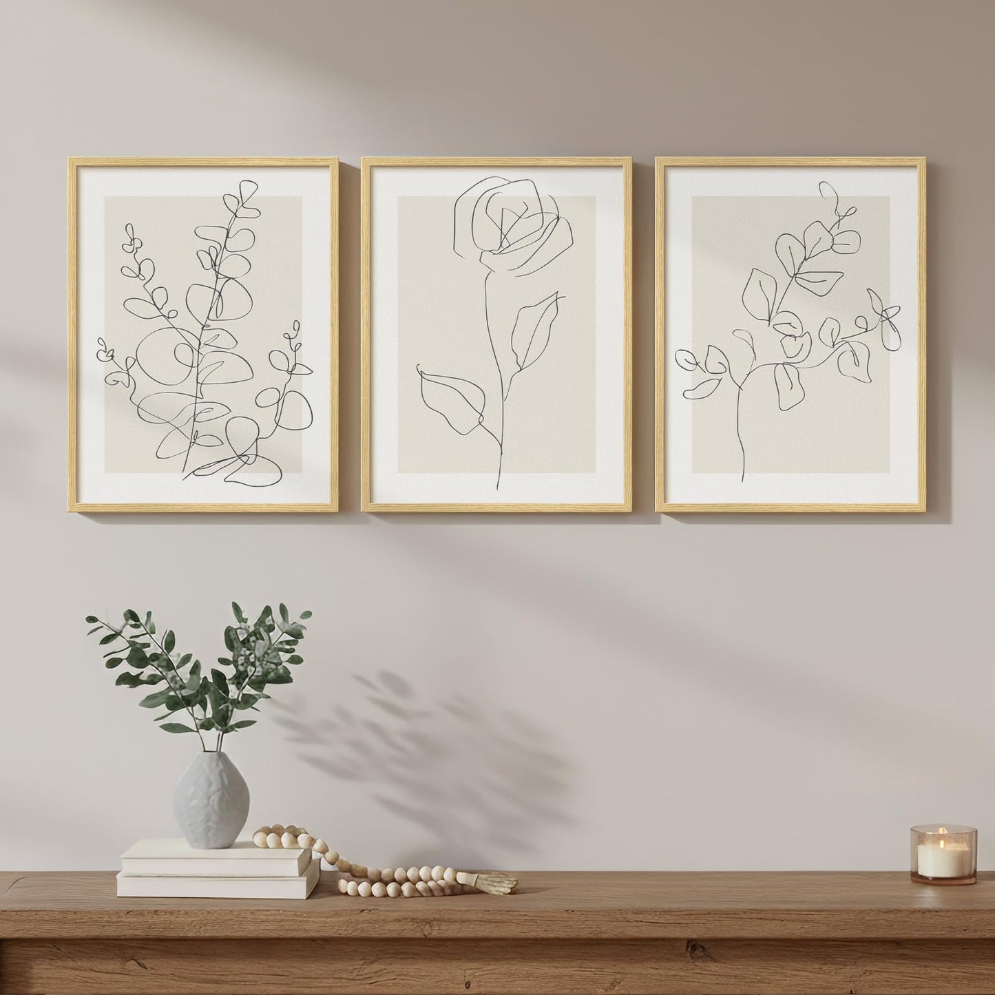 Framed Floral Art Bedroom Wall Art, 3 Piece Neutral Botanical Line Artwork for Walls, Minimalist Flower Leaf Picture Prints, Beige Botanical Painting for Living Room Kitchen Hallway Office, 12x16 Inch