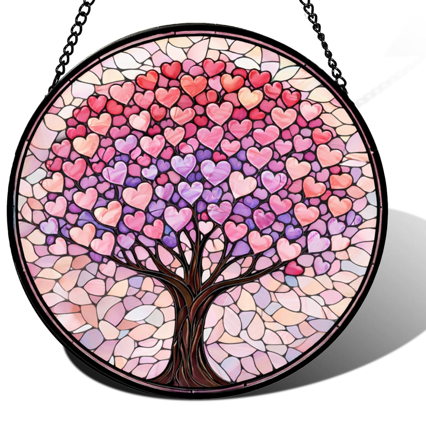 Round Heart Tree Stained Glass Style Suncatcher Pink and Purple Love Tree Window Hanging Decorative Sun Catcher Panel for Home Decor Mothers Day Valentines Day Gift 6.3Inch