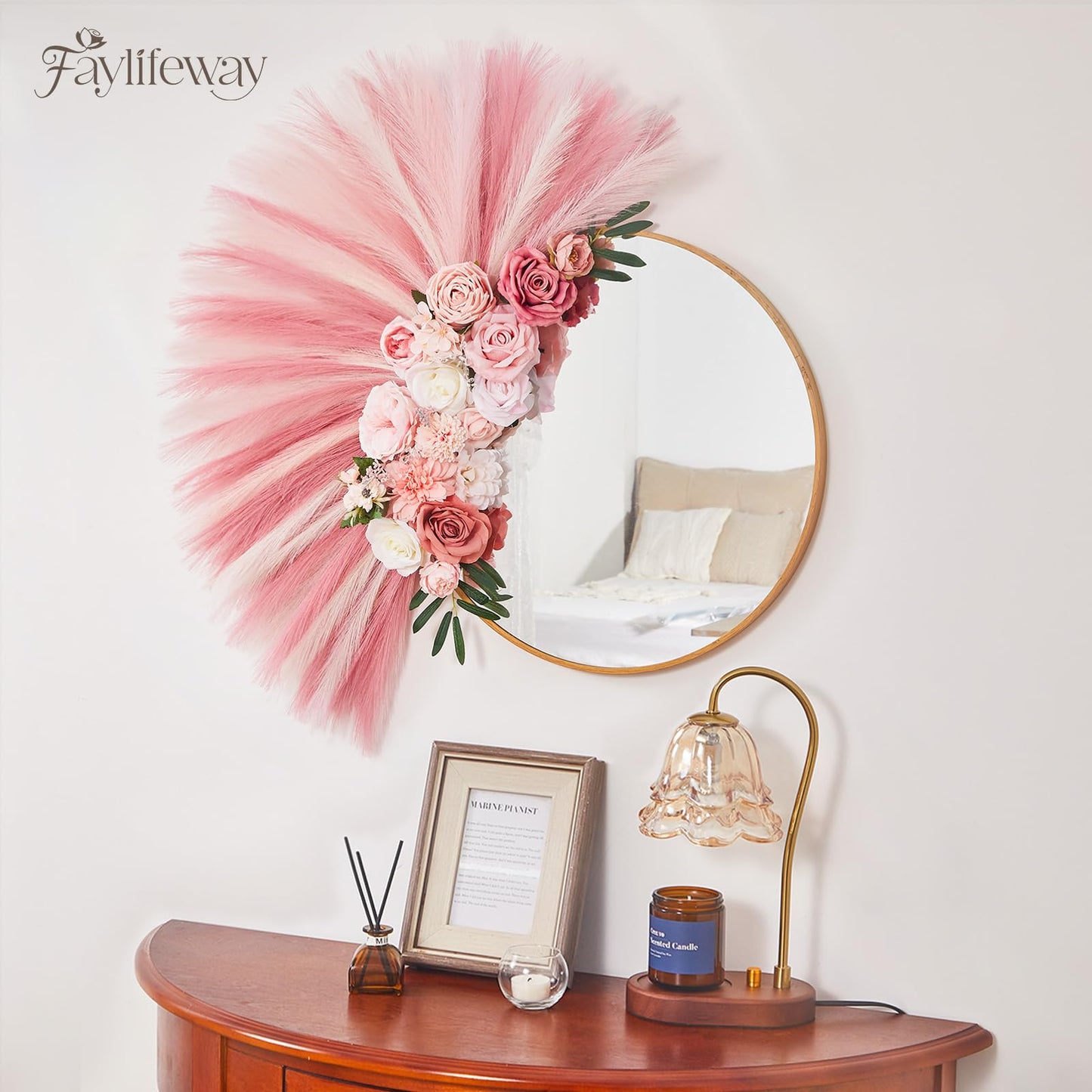 Faylifeway 50pcs Pampas Grass 17in for Living Room Decor, Blush Pink Pampas Grass Decor, Fluffy Pink Flowers for Home Birthday Bathroom Baby Shower Wall Bow Decor(Blush & Cream & Pink)
