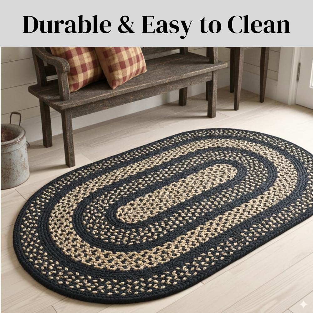 Charleston Oval Braided Rugs 27x45 - Ideal as Black and Tan Kitchen Rugs for Primitive Decor