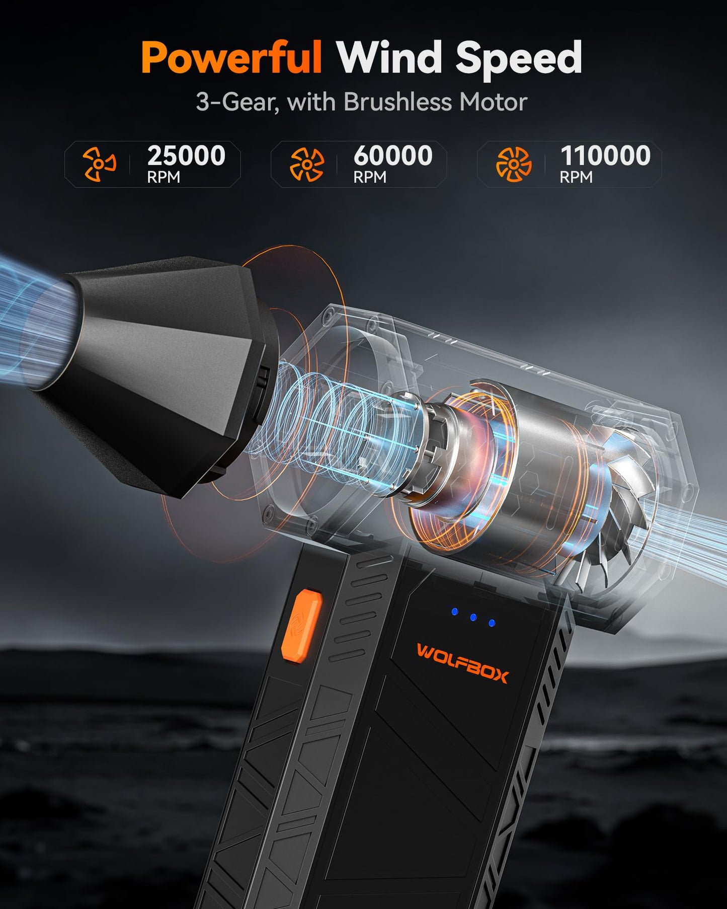 WOLFBOX MegaFlow 50 Compressed Air Duster-110000RPM Super Power Electric Air Duster, 3-Gear Adjustable Mini Blower with Fast Charging, Dust Blower for Computer, Keyboard, House, Outdoor and Car